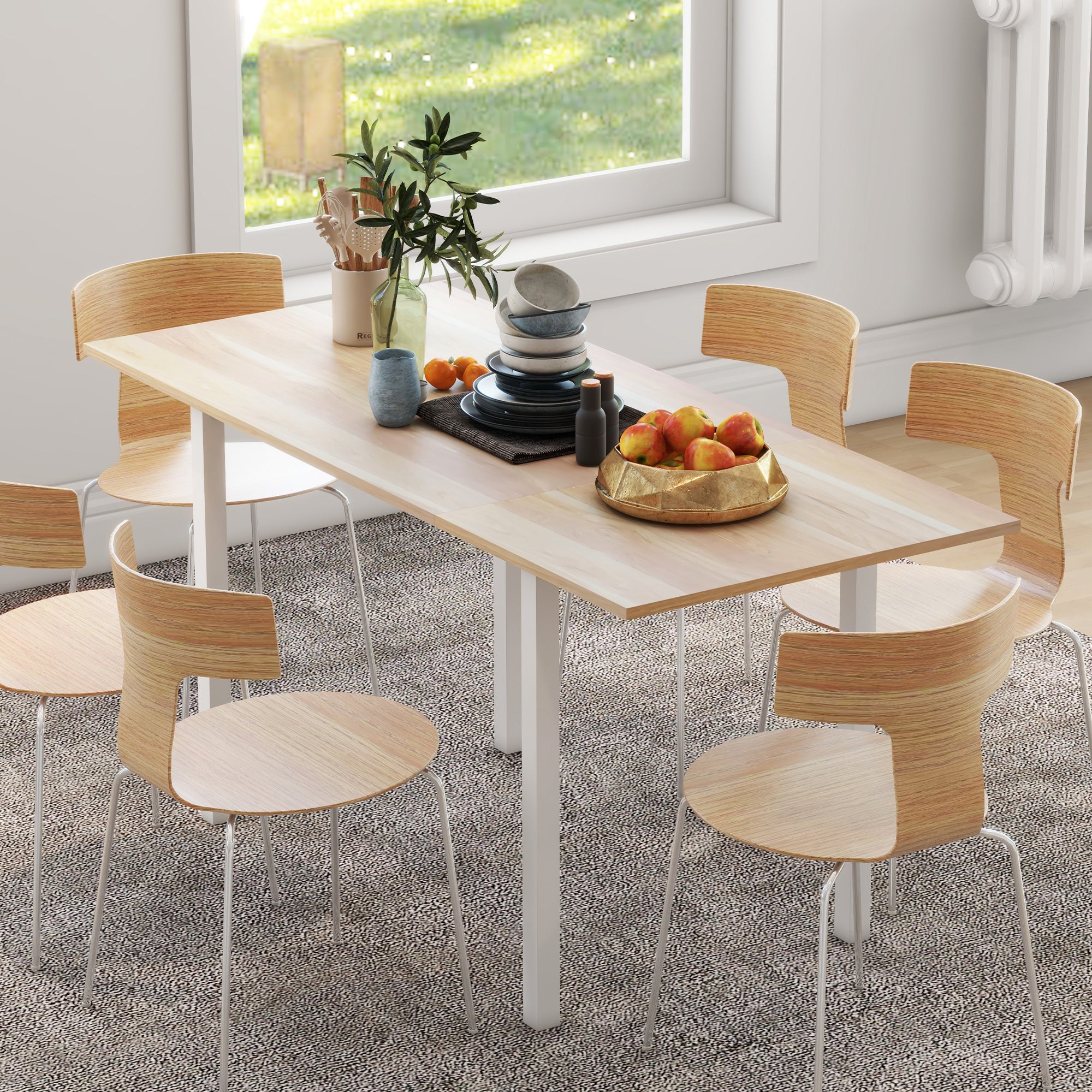 HOMCOM Expandable Dining Table with Detachable Side, Folding Kitchen Table for Six People, Extending Table with Steel Frame for Small Spaces, Natural