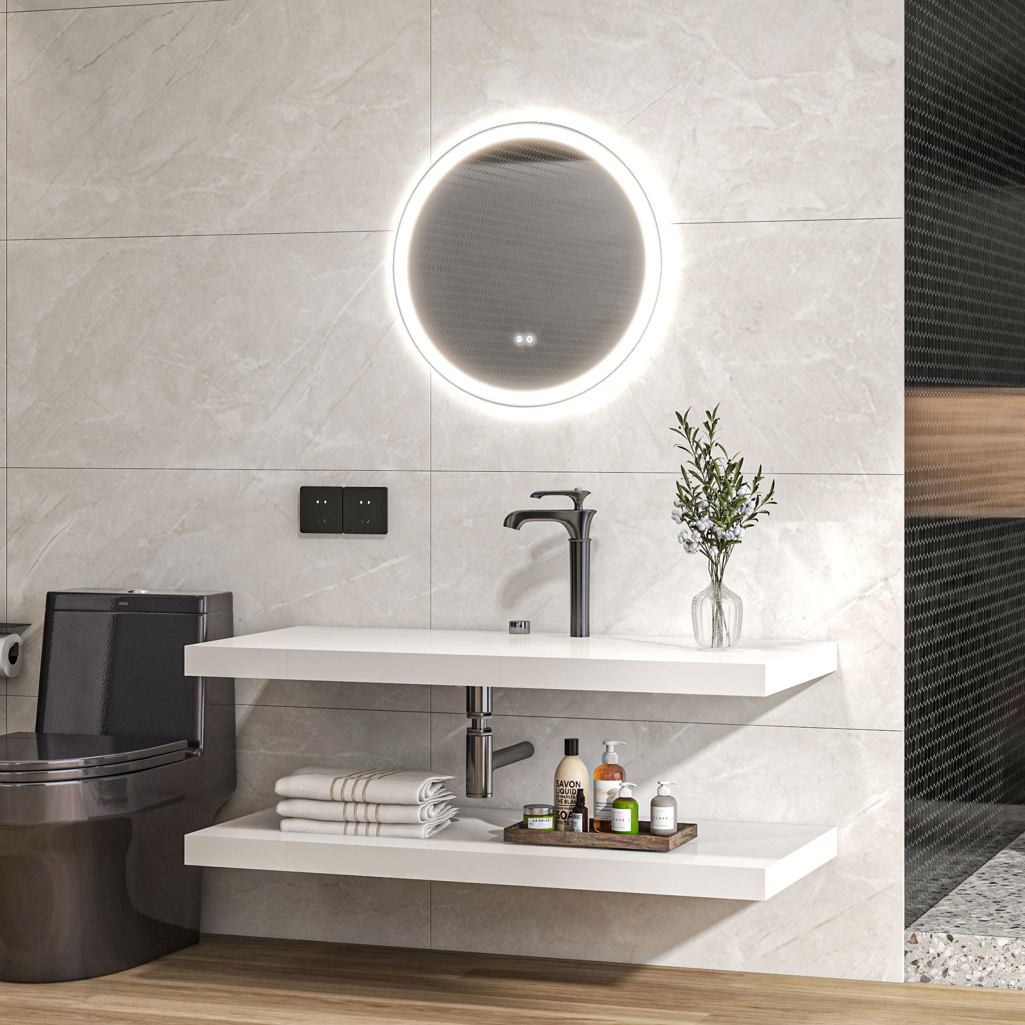 kleankin Round Bathroom Mirror with LED Lights, Wall Mount Dimmable Makeup Mirror with 3 Temperature Colours, Defogging Film and Memory Function, Frameless, Hardwired, 70 x 70 cm