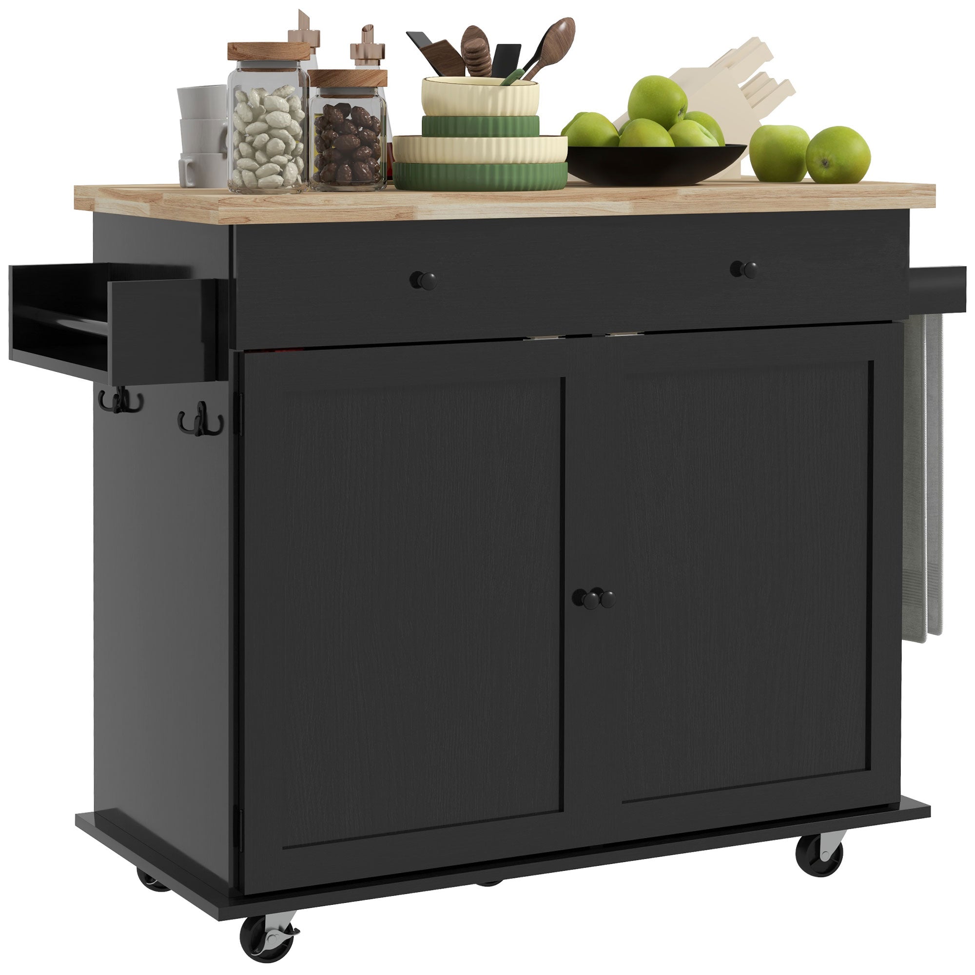 Mobile Kitchen Island Kitchen Cart Sideboard on Wheels Bar Cart with Large Countertop Black