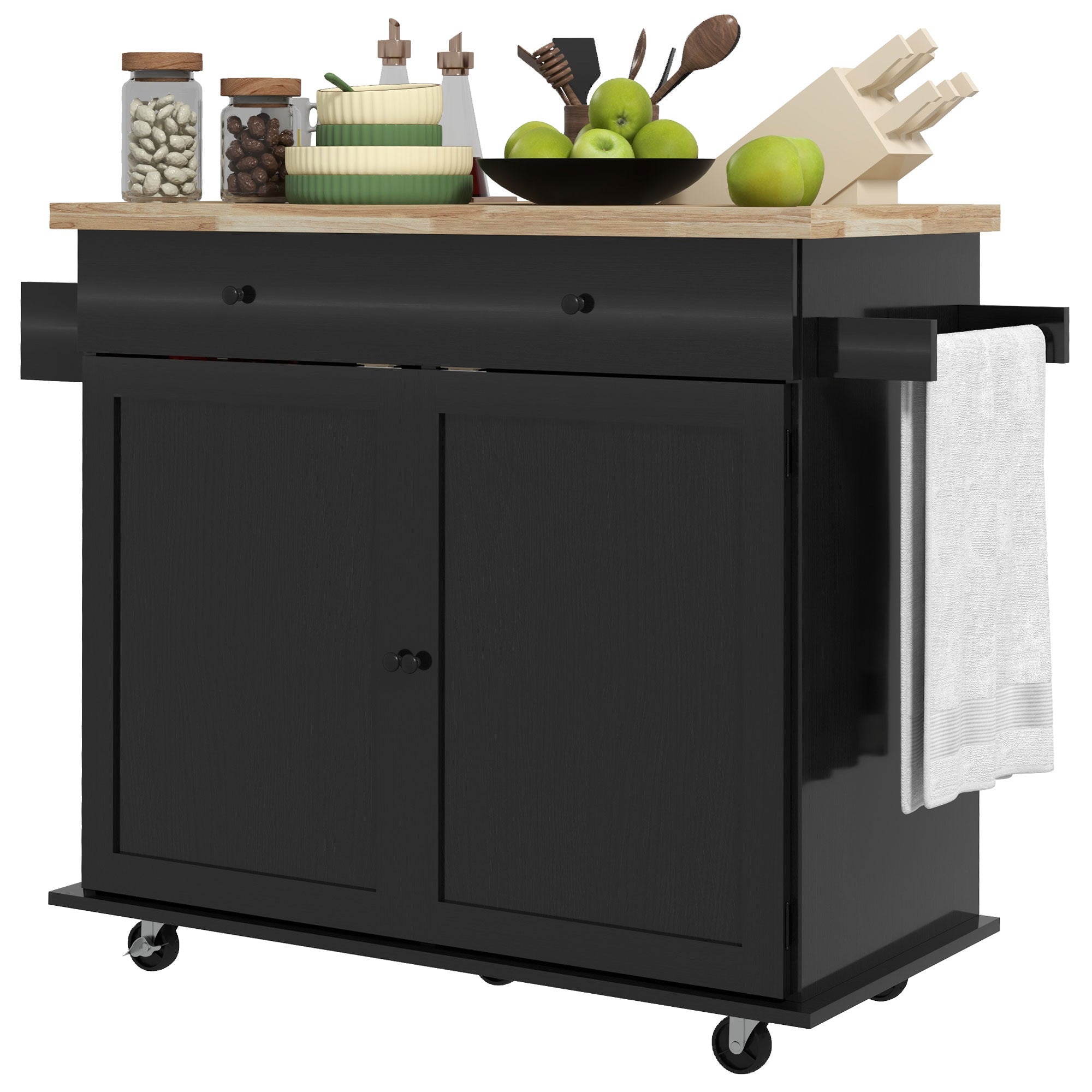 Mobile Kitchen Island Kitchen Cart Sideboard on Wheels Bar Cart with Large Countertop Black