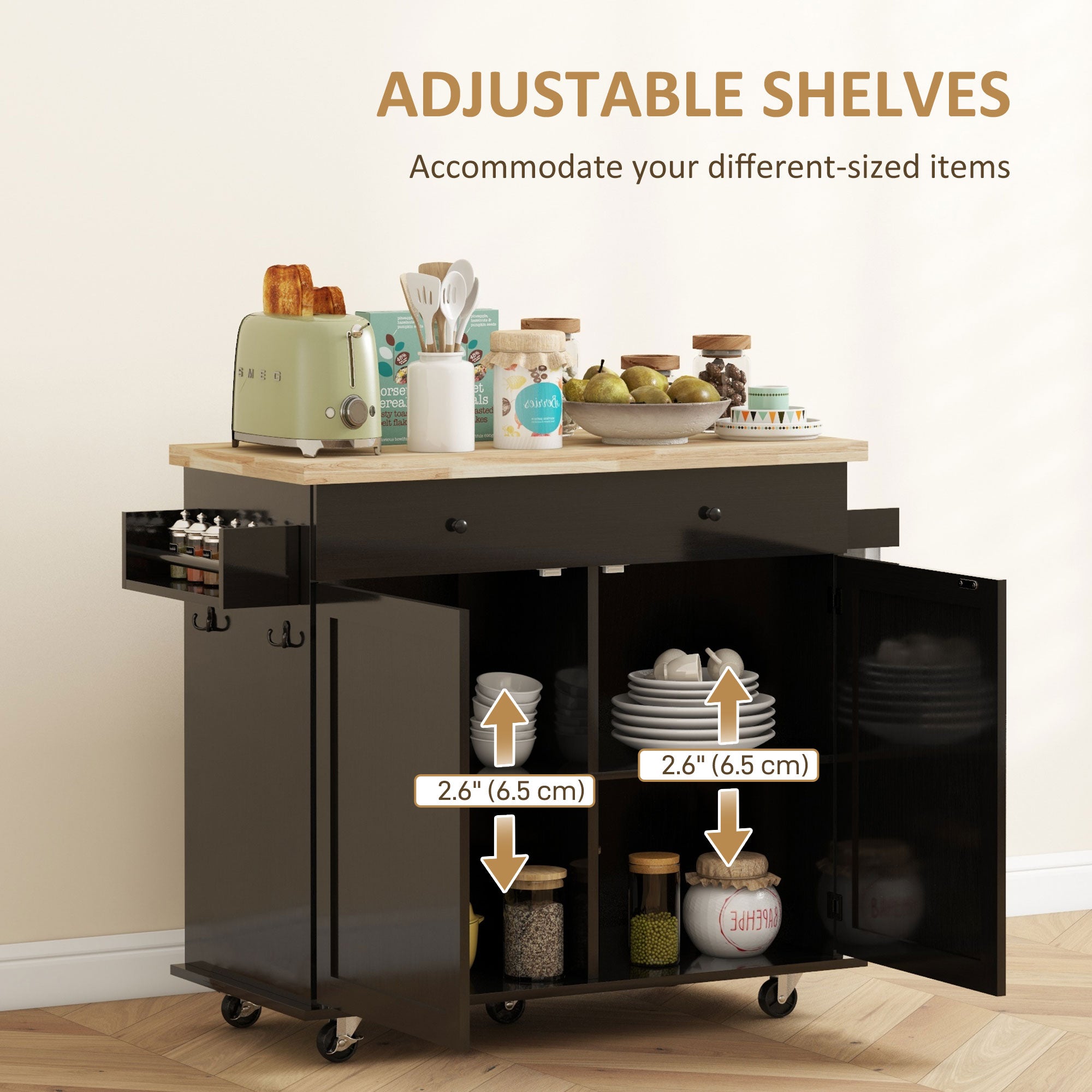 Mobile Kitchen Island Kitchen Cart Sideboard on Wheels Bar Cart with Large Countertop Black