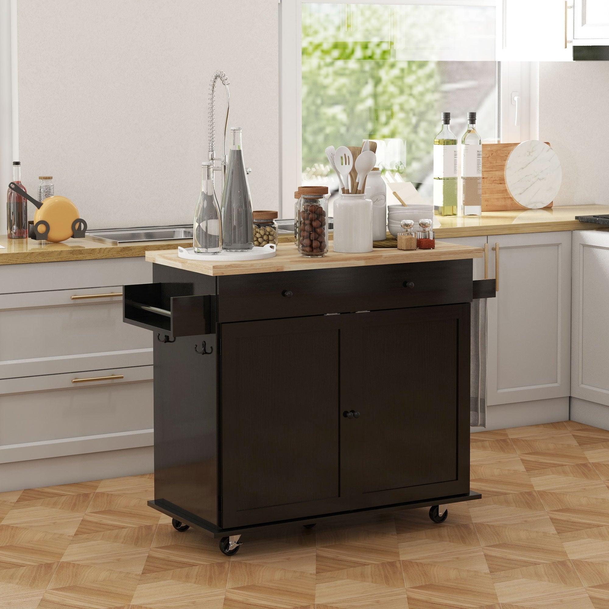 Mobile Kitchen Island Kitchen Cart Sideboard on Wheels Bar Cart with Large Countertop Black