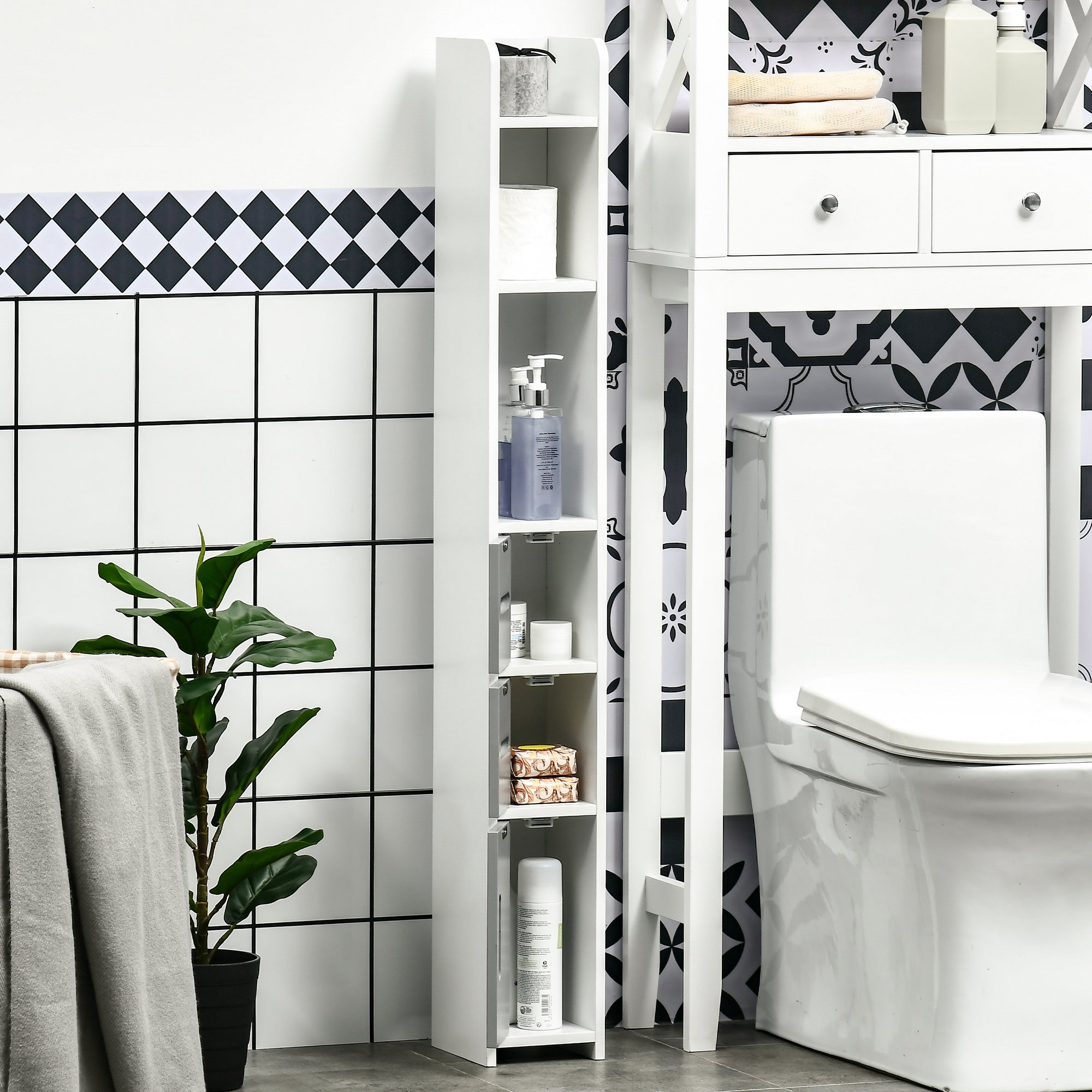 Narrow Bathroom Storage Cabinet, Freestanding Tall Bathroom Cabinet with Open Shelves and 3 Cupboards with Door for Bathroom, Grey and White