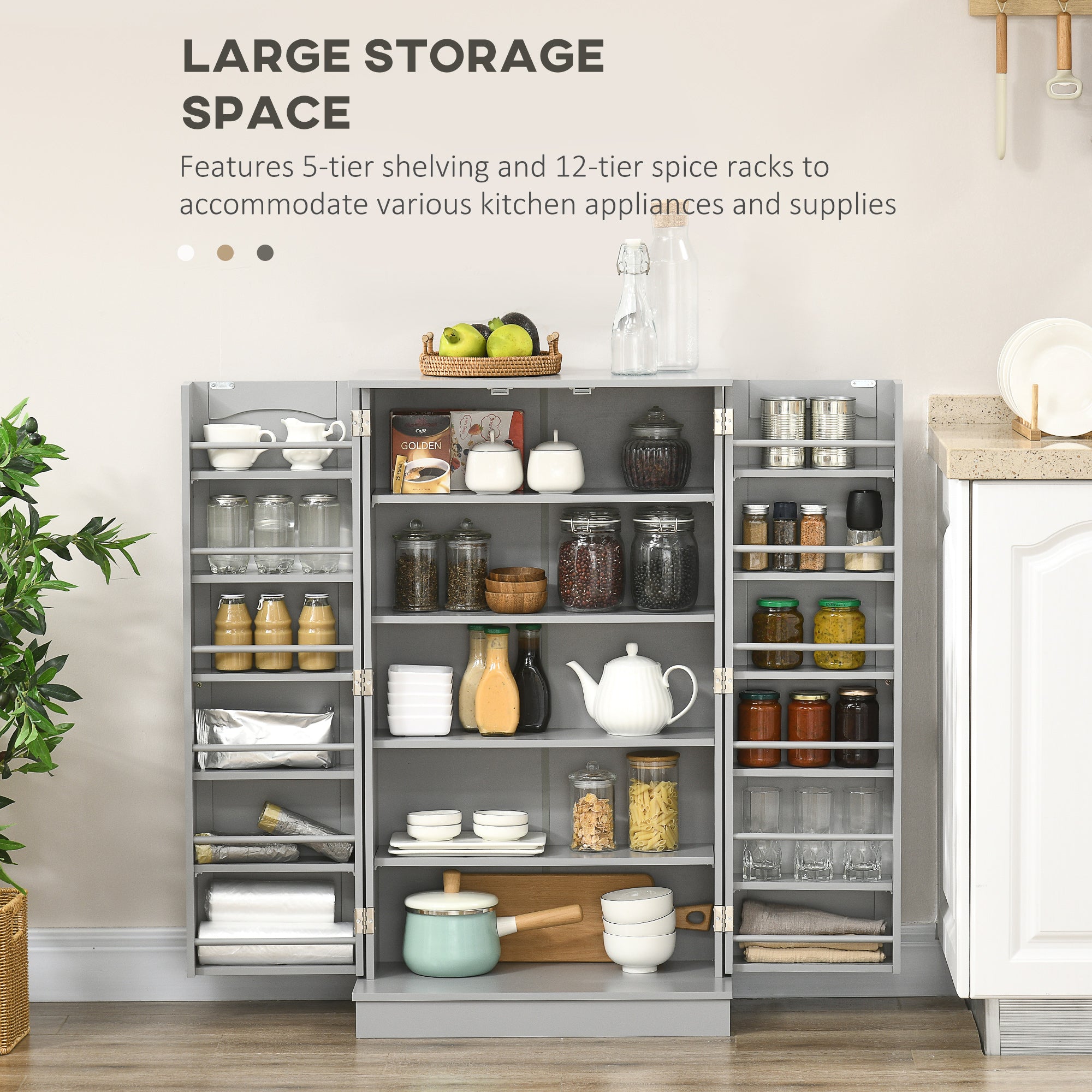 41" Kitchen Pantry Cabinet, 2-Door Buffet Storage Cabinet with 12 Spice Racks and Adjustable Shelves, Grey