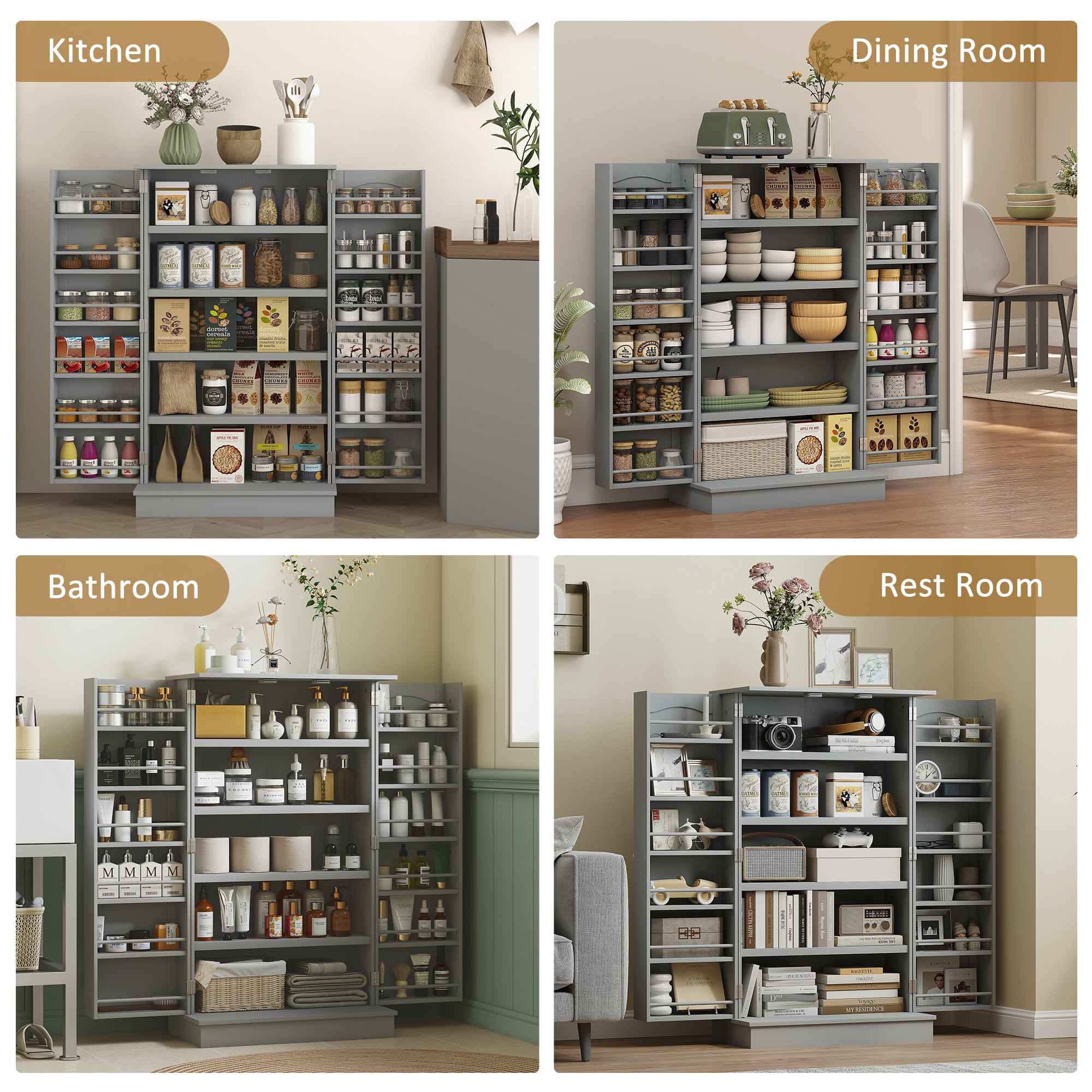 41" Kitchen Pantry Cabinet, 2-Door Buffet Storage Cabinet with 12 Spice Racks and Adjustable Shelves, Grey