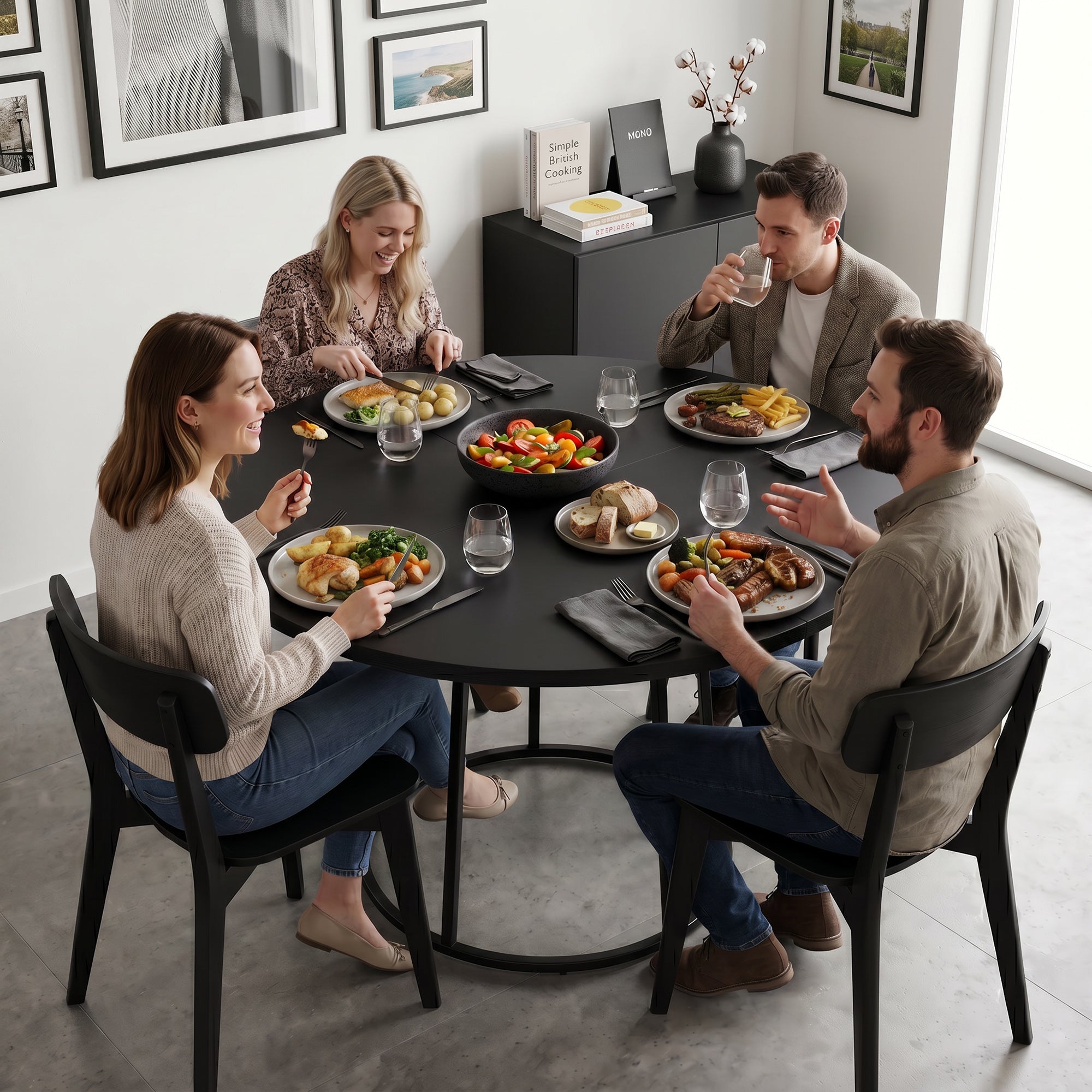 Modern Industrial Dining Table for 4-6 People, 120 cm Round Kitchen Table with Spliced Top and Conical Metal Base for Dining Room, Kitchen, Living Room, Black