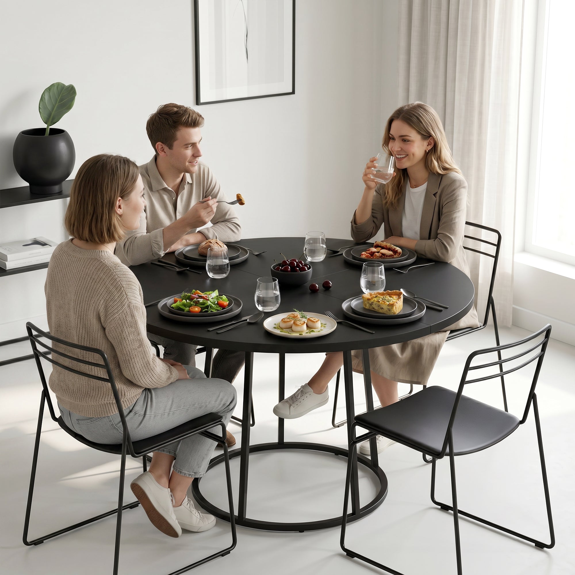 Modern Industrial Dining Table for 4-6 People, 120 cm Round Kitchen Table with Spliced Top and Conical Metal Base for Dining Room, Kitchen, Living Room, Black