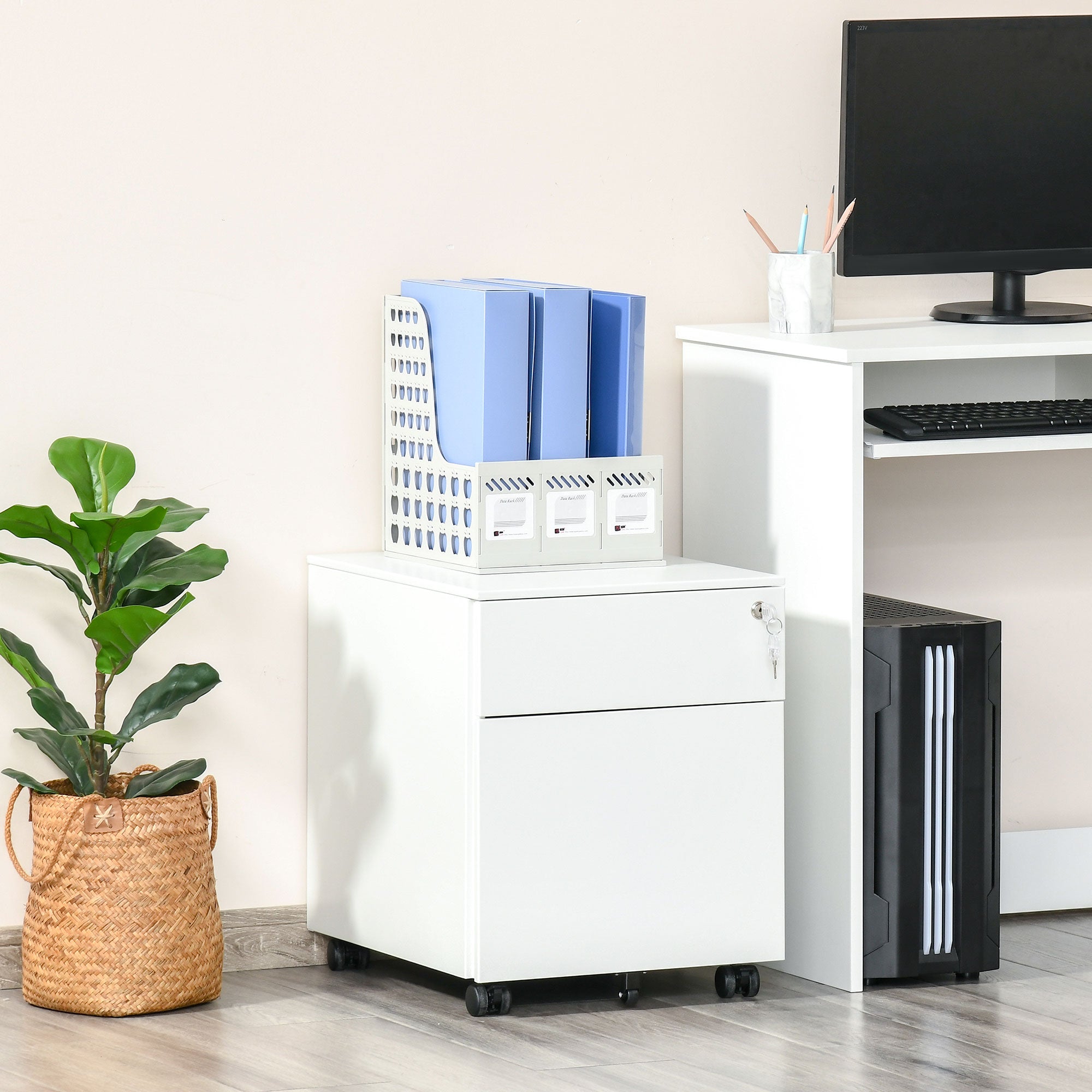 Vinsetto 2 Drawer Vertical File Cabinet, Steel Lockable Filing Cabinet with Wheels for A4, Letters, and Legal-sized Files for Home Office, White