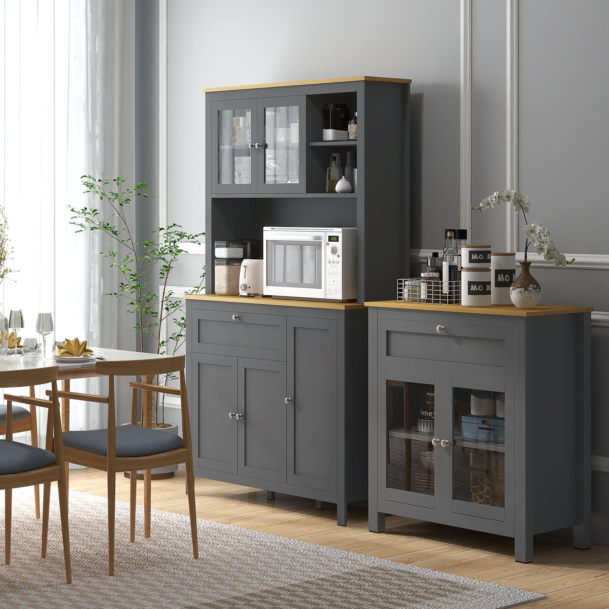 HOMCOM 71" Kitchen Pantry, 5-Door Storage Cabinet, Freestanding Tall Cabinet with Adjustable Shelves, Drawer, Glass Door, Cable Management, Grey