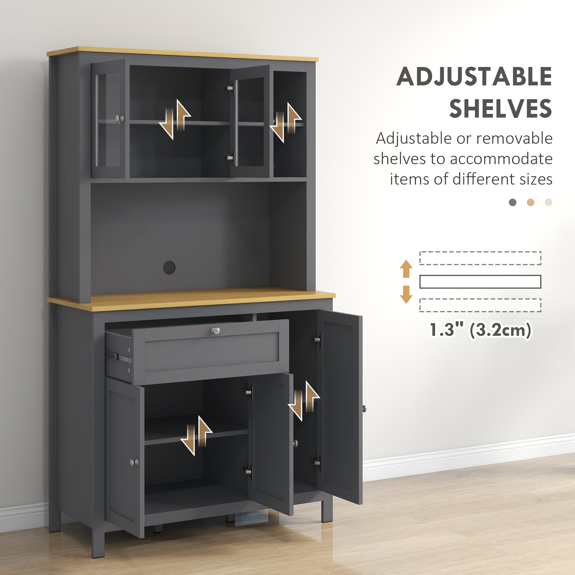 HOMCOM 71" Kitchen Pantry, 5-Door Storage Cabinet, Freestanding Tall Cabinet with Adjustable Shelves, Drawer, Glass Door, Cable Management, Grey