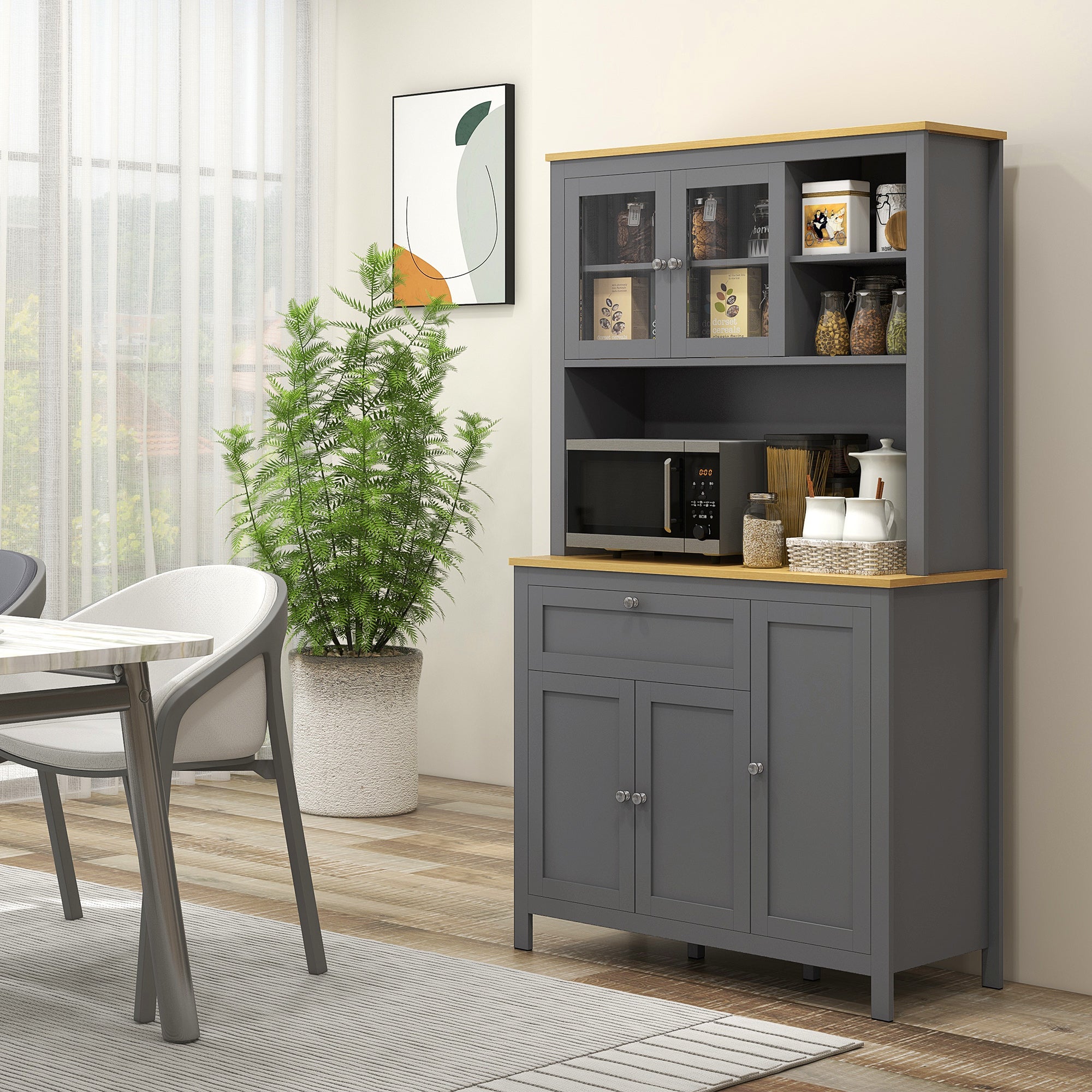 HOMCOM 71" Kitchen Pantry, 5-Door Storage Cabinet, Freestanding Tall Cabinet with Adjustable Shelves, Drawer, Glass Door, Cable Management, Grey