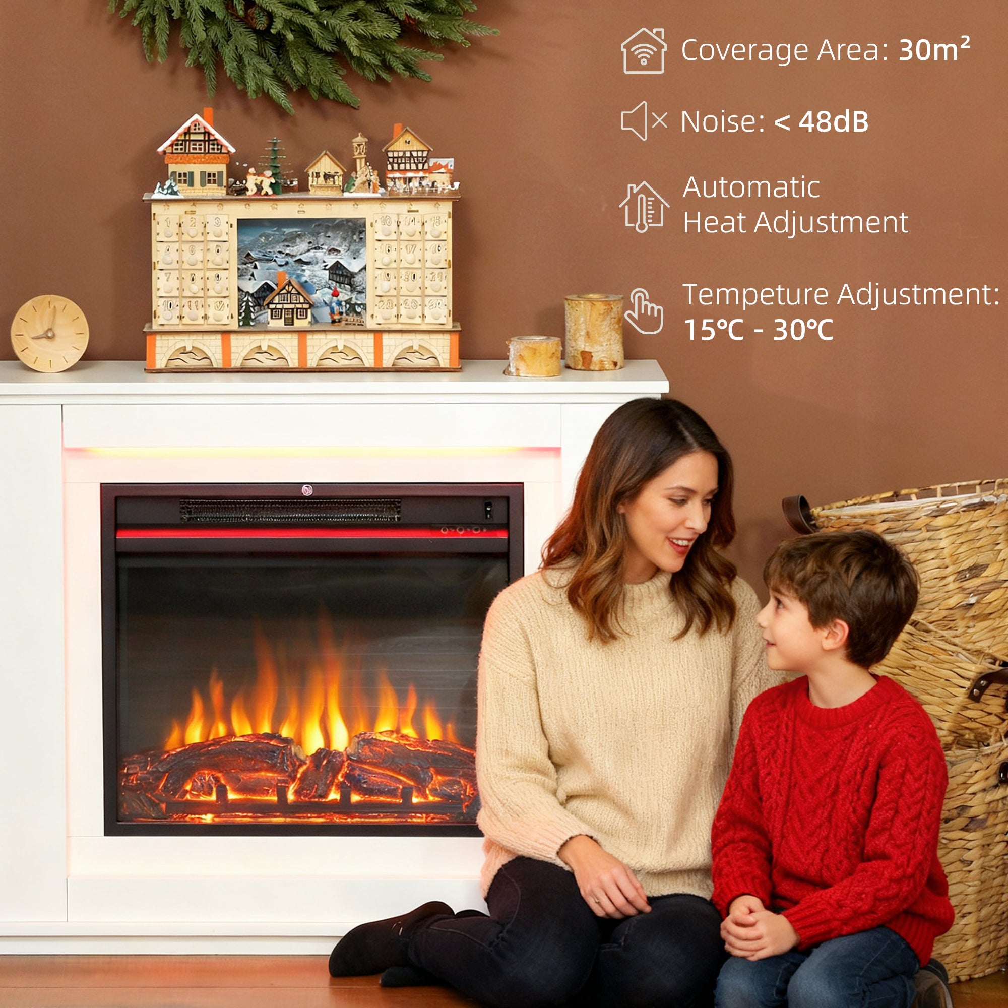 Electric Fireplace with Surround, 32" 2000W Inset Electric Fire and Mantel Reach up to 30 m² with 12 Colours Realistic Flame Effect & 5 Brightness, Remote & Timer for Living Room, White