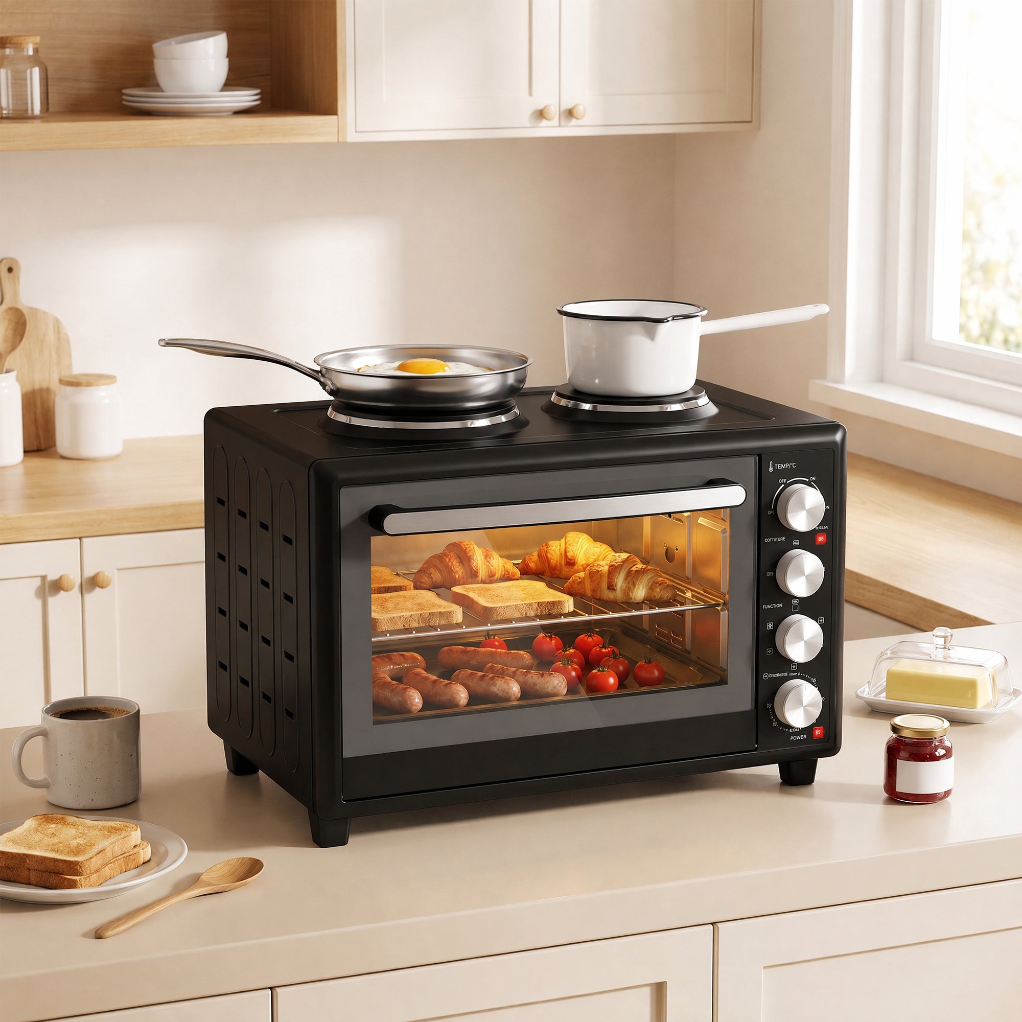 36L Mini Oven with Dual Hot Plates, Electric Countertop Cooker with Convection, 90–230°C Adjustable Temperature, 60 Minute Timer, Portable Oven with Wire Rack & Baking Tray, 1500W, Black