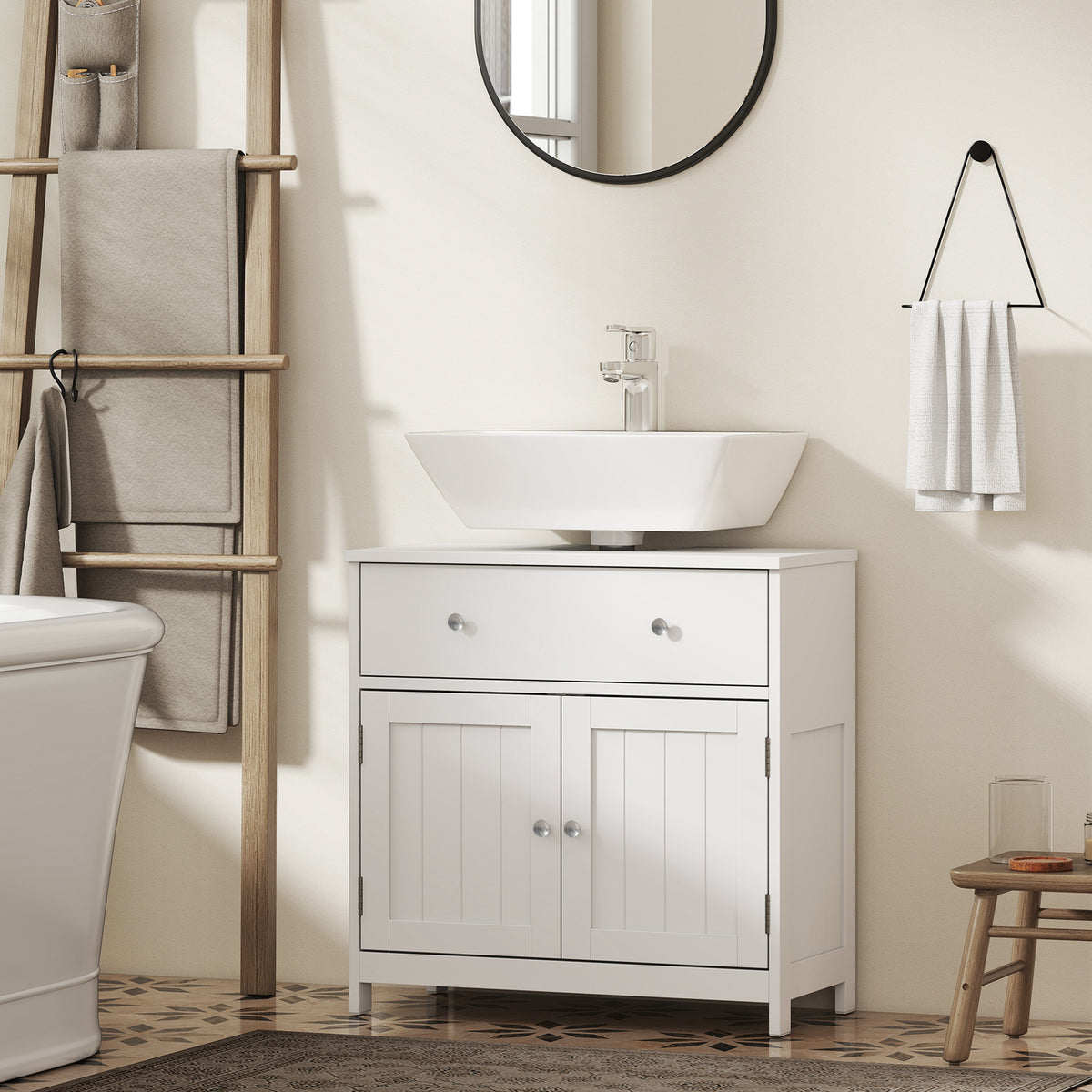 23.6" Modern Bathroom Vanity Cabinet, Freestanding Under Sink Cabinet with Drawer and 2 Doors, U-Shape Cutout for Pedestal Sink, White