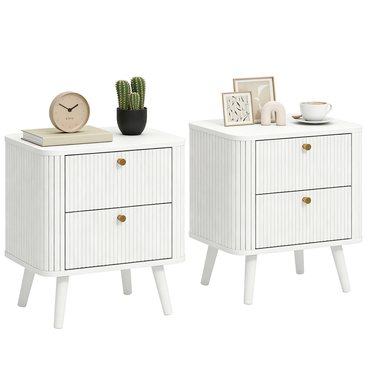 Modern Nightstand Set of 2, Bedside Table with 2 Drawers, Side End Table for Bedroom, Living Room, White Wood Grain