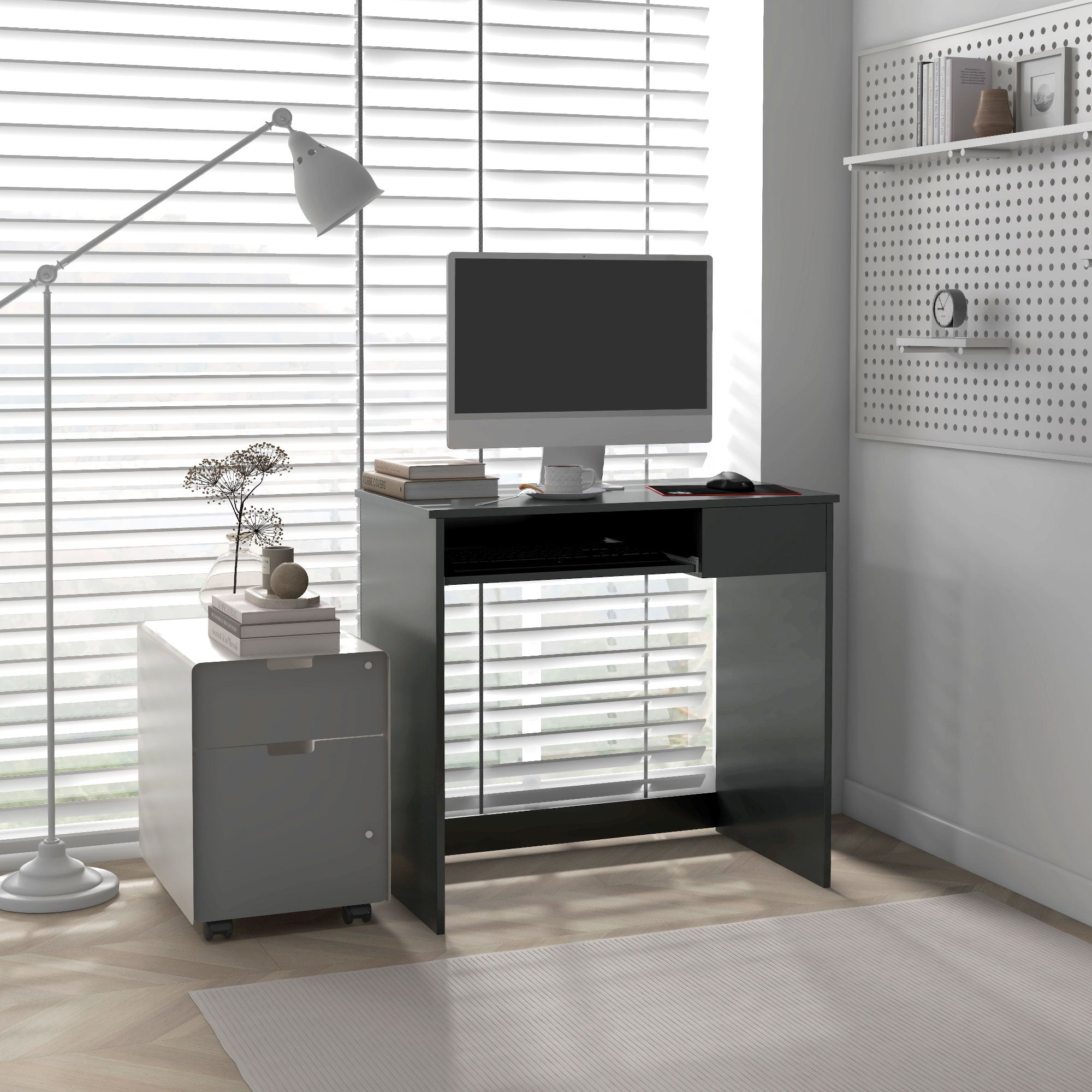 HOMCOM Compact Computer Table with Keyboard Tray Drawer Study Office Working Writing Desk, Grey