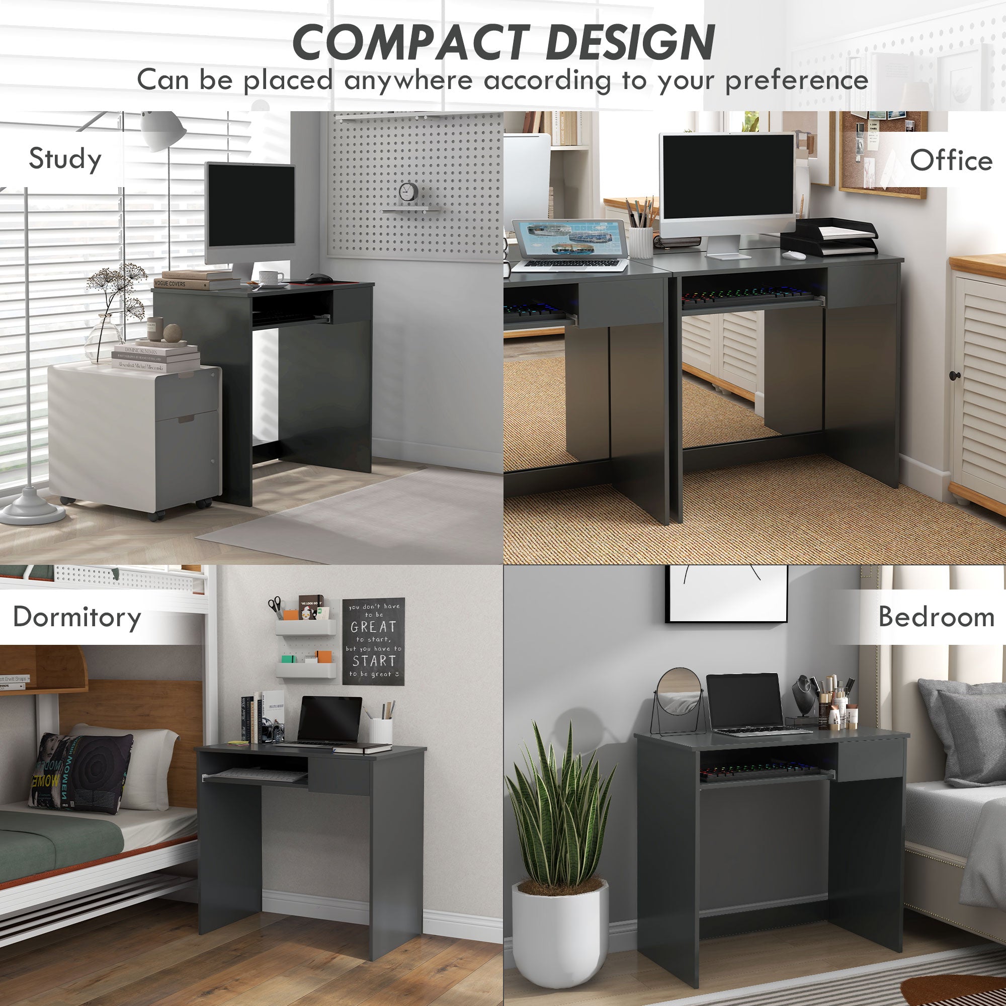 HOMCOM Compact Computer Table with Keyboard Tray Drawer Study Office Working Writing Desk, Grey