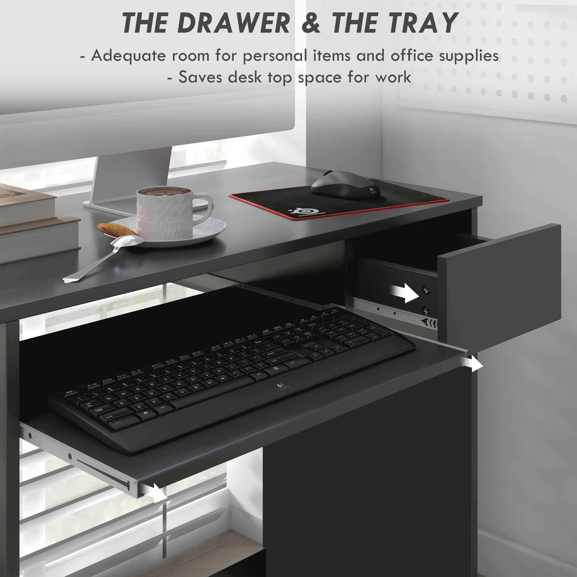 HOMCOM Compact Computer Table with Keyboard Tray Drawer Study Office Working Writing Desk, Grey