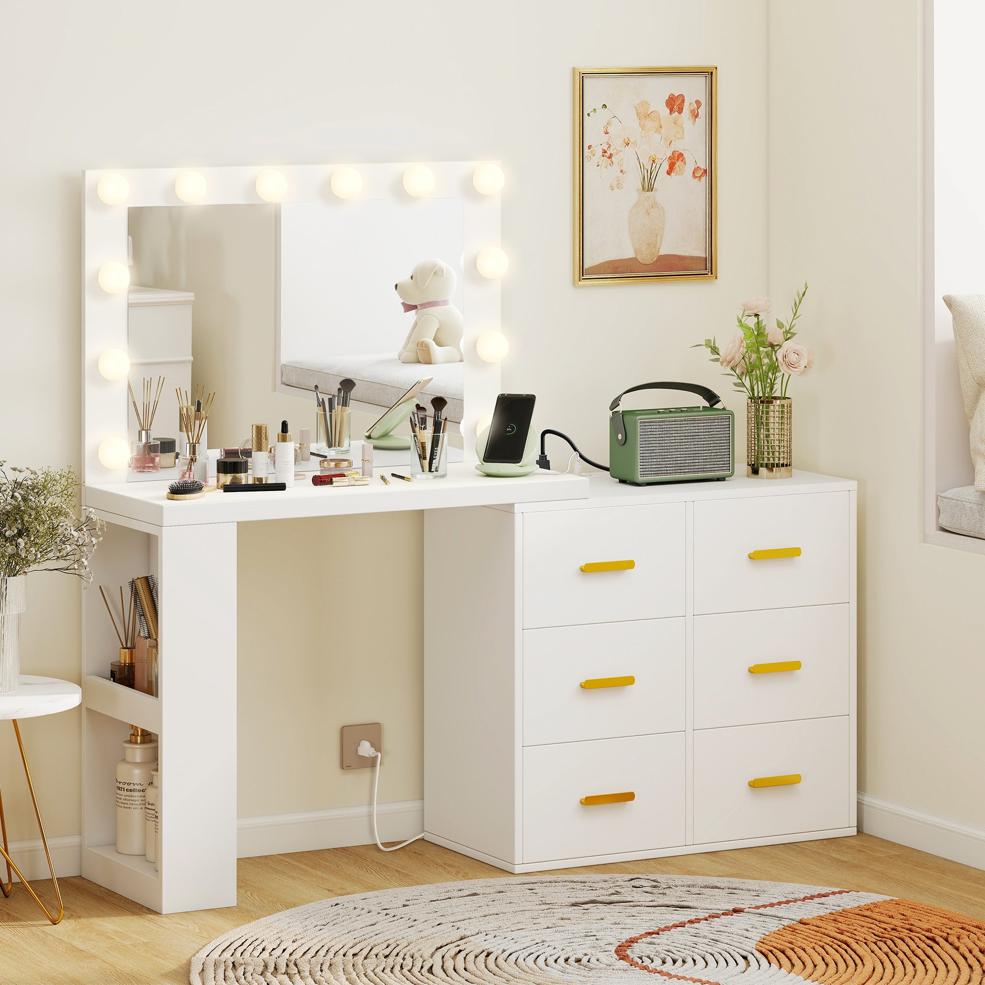 Vanity Desk with Mirror and 12 LED Lights, Makeup Table with Power Outlet, 3 Light Colour, 6 Drawers and 2 Open Shelves, Dressing Table for Bedroom, Dressing Room, White