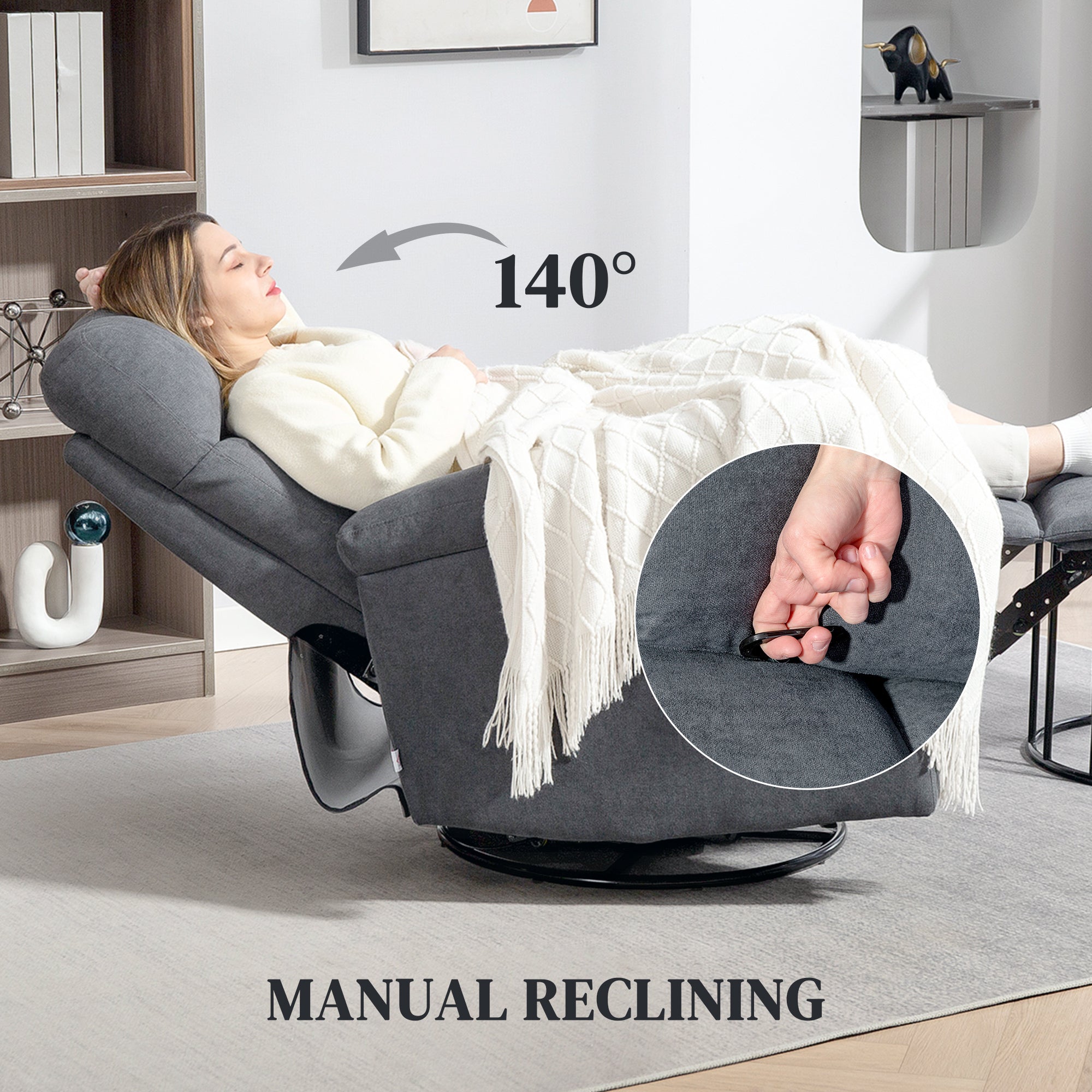 HOMCOM Swivel Rocker Recliner Chair, Wide Rocking Single Sofa with Pocket Spring, Footrest, Modern Fabric Overstuffed Reclining Chair for Living Room, Bedroom, Quick Assembly, Gray