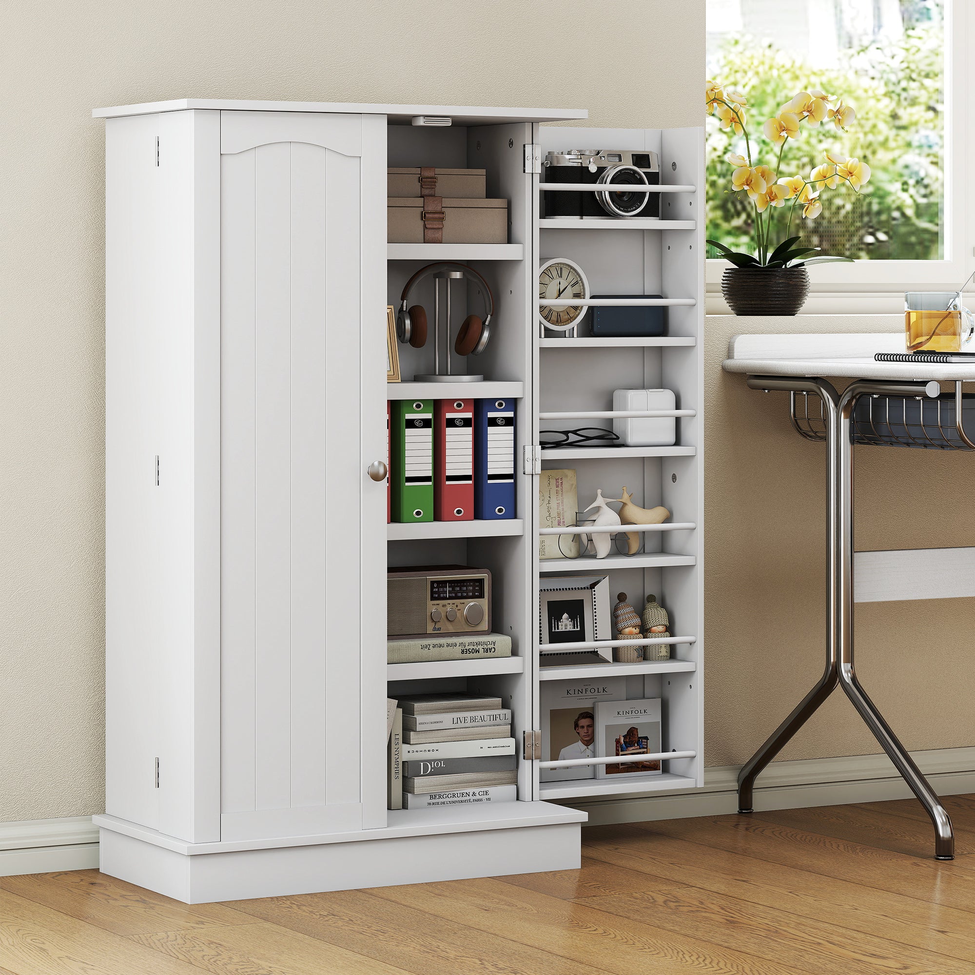 41" Kitchen Pantry Cabinet, 2-Door Buffet Storage Cabinet with 12 Spice Racks and Adjustable Shelves, White