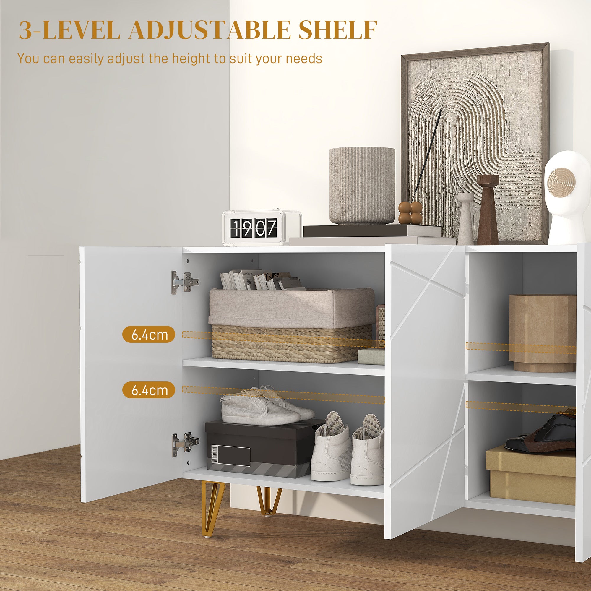HOMCOM Storage Cabinet with High Gloss, Freestanding Sideboard with Adjustable Shelves, Soft-Close Doors and Gold Tone Hairpin Legs for Living Room, Dining Room, Hallway, White