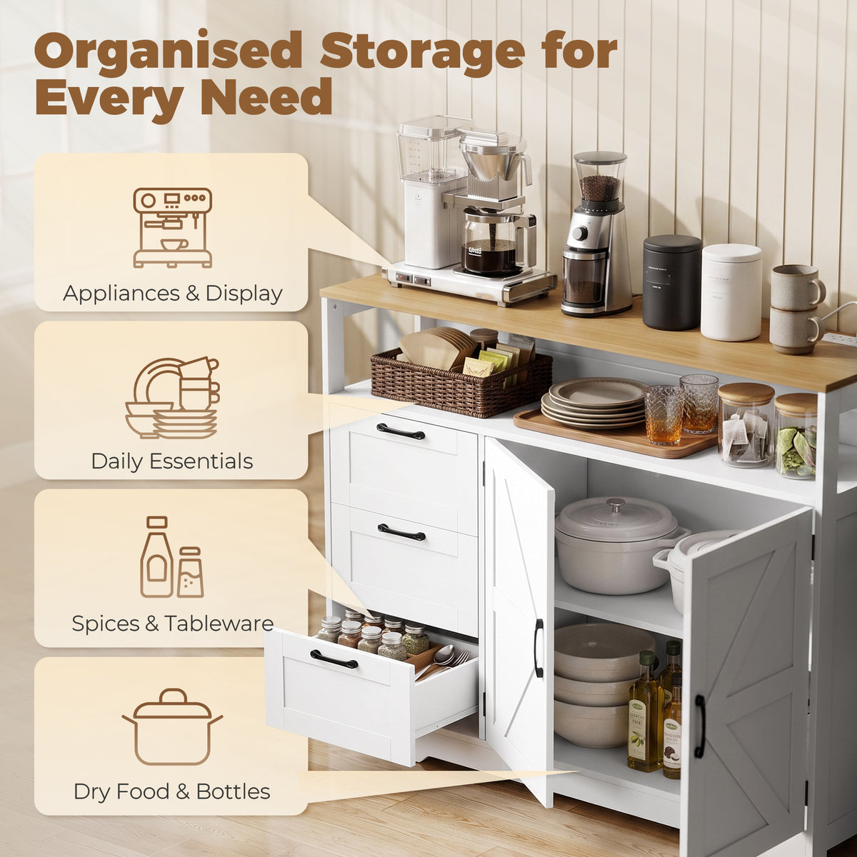 Sideboard Buffet Cabinet with Storage and Charging Station, 48" Farmhouse Kitchen Storage Cabinet with 3 Drawers and Open Shelf, Coffee Bar Station with Adjustable Shelf