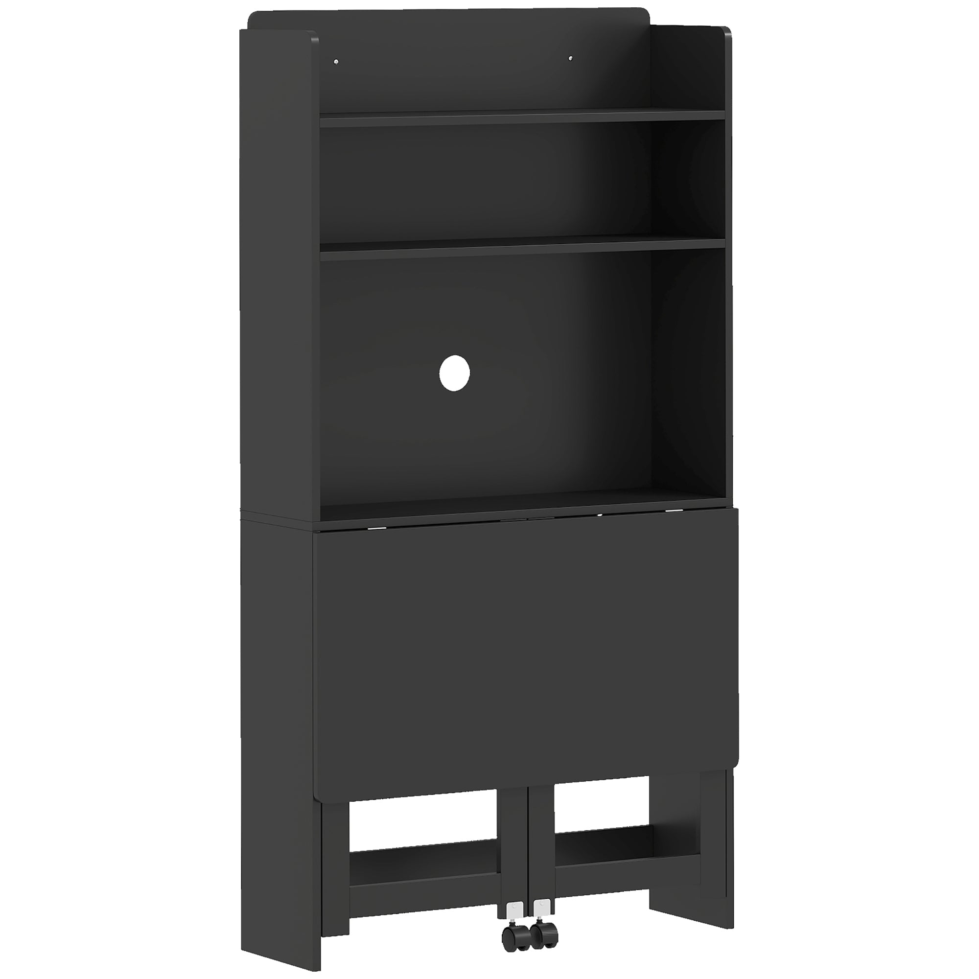 Computer Desk with Storage Shelves, Foldable Desktop with 2 Wheels, Study Table Workstation for Bedroom, Living Room and Home Office, 80 x 69 x 155 cm, Black