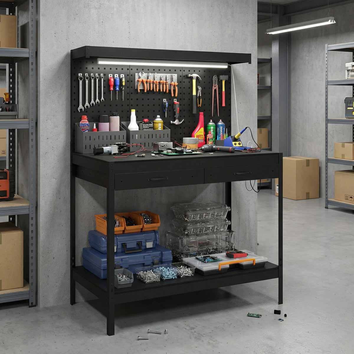 Workbench with Pegboard, Heavy Duty Work Table with Power Strip and LED Light, 43" x 24"  Workstation with 2 Drawers and Shelf, 600 lbs. Capacity for Garage Workshop, Black