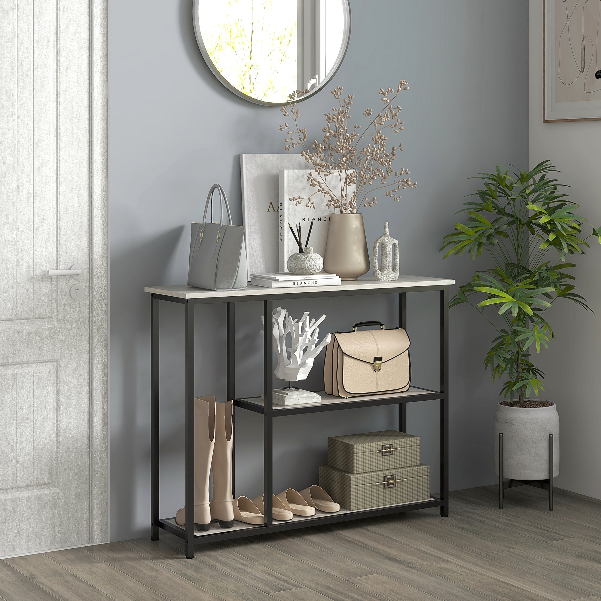 39" Console Table Entryway Table with 2 Storage Shelves Narrow Sofa Table for Living Room Gray