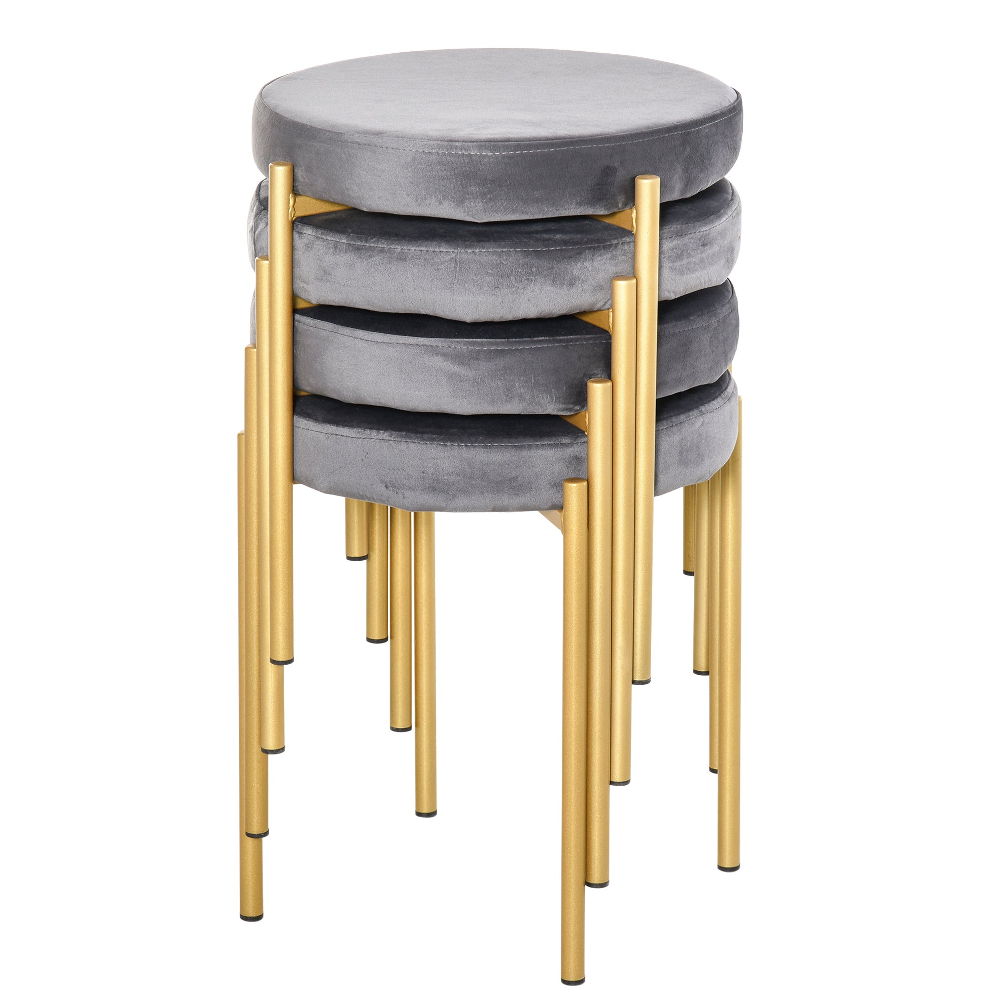 HOMCOM Modern Stacking Stools Set of 4, Backless Round Dining Chairs, Velvet-Touch Upholstered Accent Side Chairs with Metal Legs for Kitchen, Grey