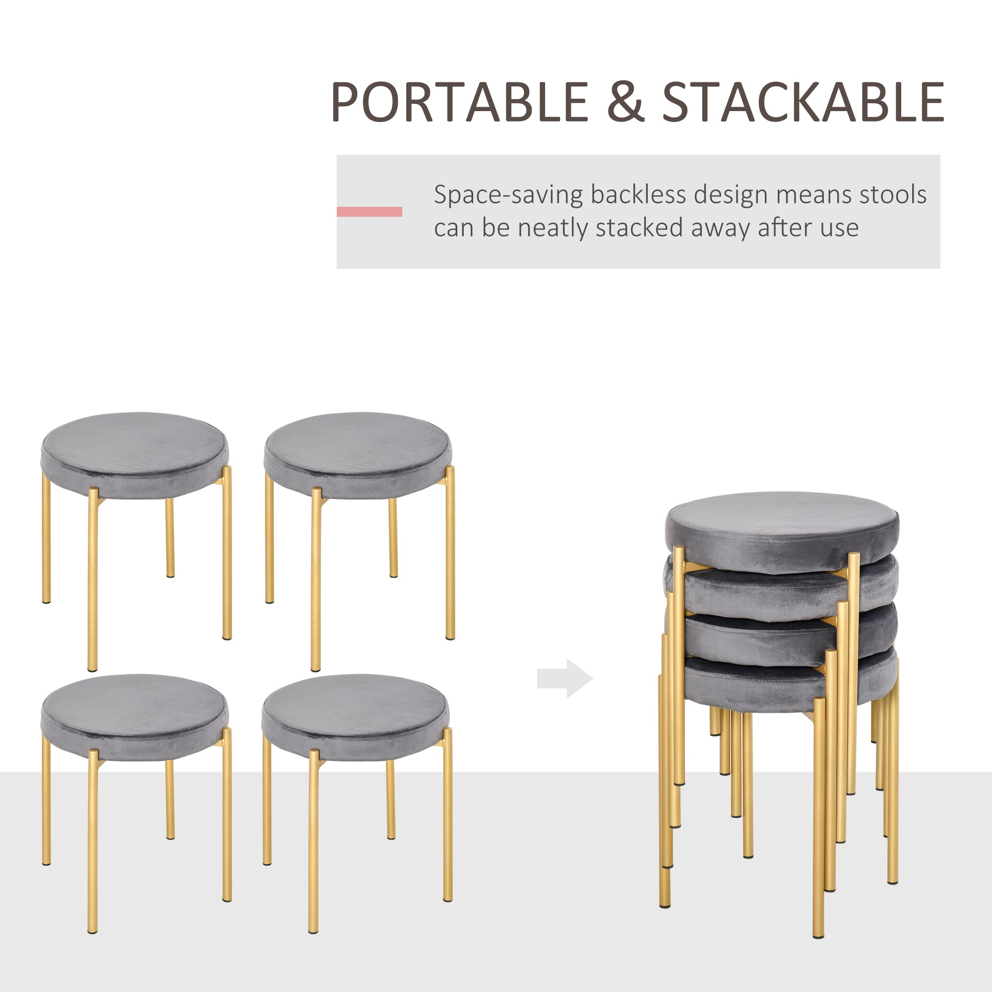 HOMCOM Modern Stacking Stools Set of 4, Backless Round Dining Chairs, Velvet-Touch Upholstered Accent Side Chairs with Metal Legs for Kitchen, Grey