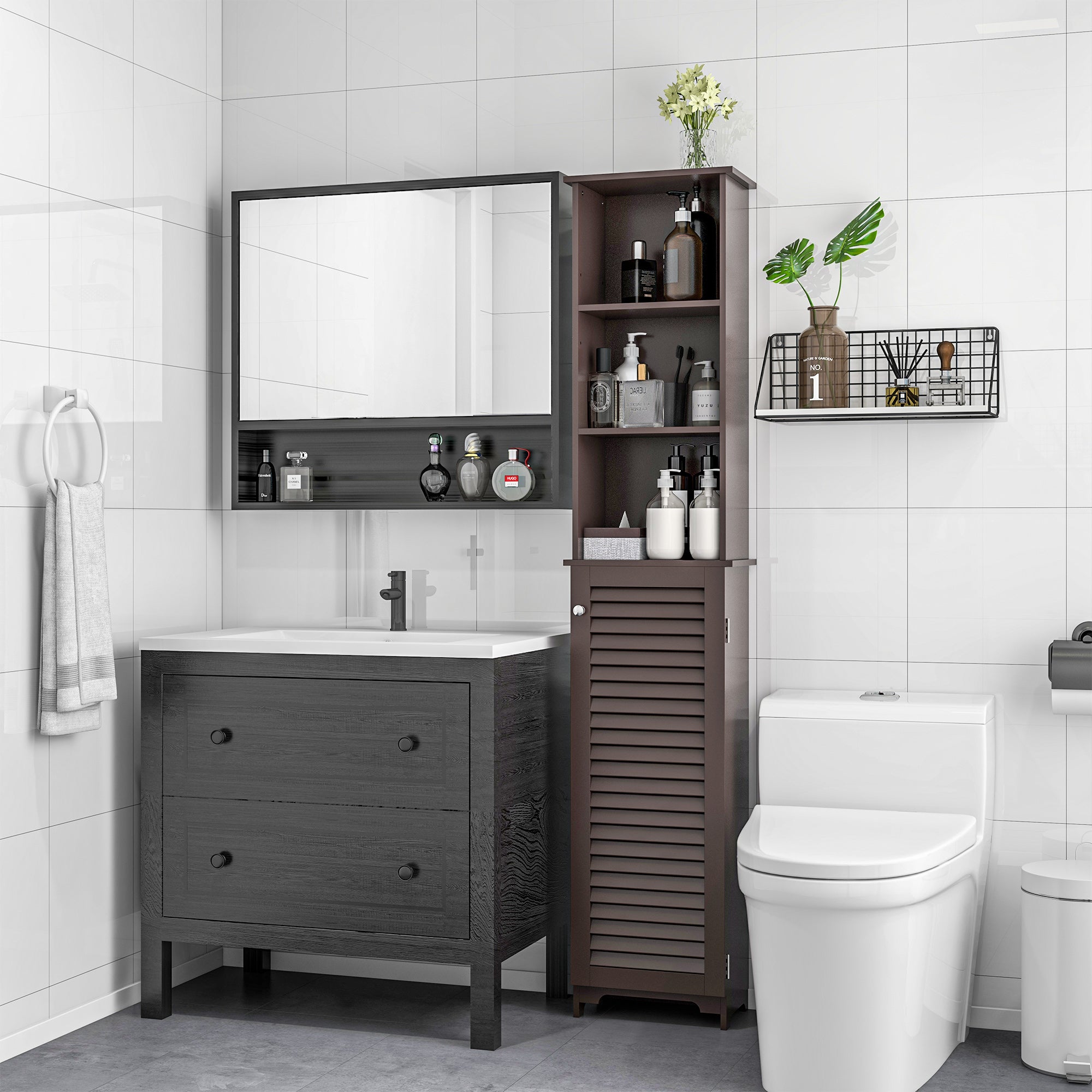 HOMCOM Tall Bathroom Storage Cabinet, Freestanding Linen Tower with 3-Tier Open Adjustable Shelf and Cupboard, Dark Brown