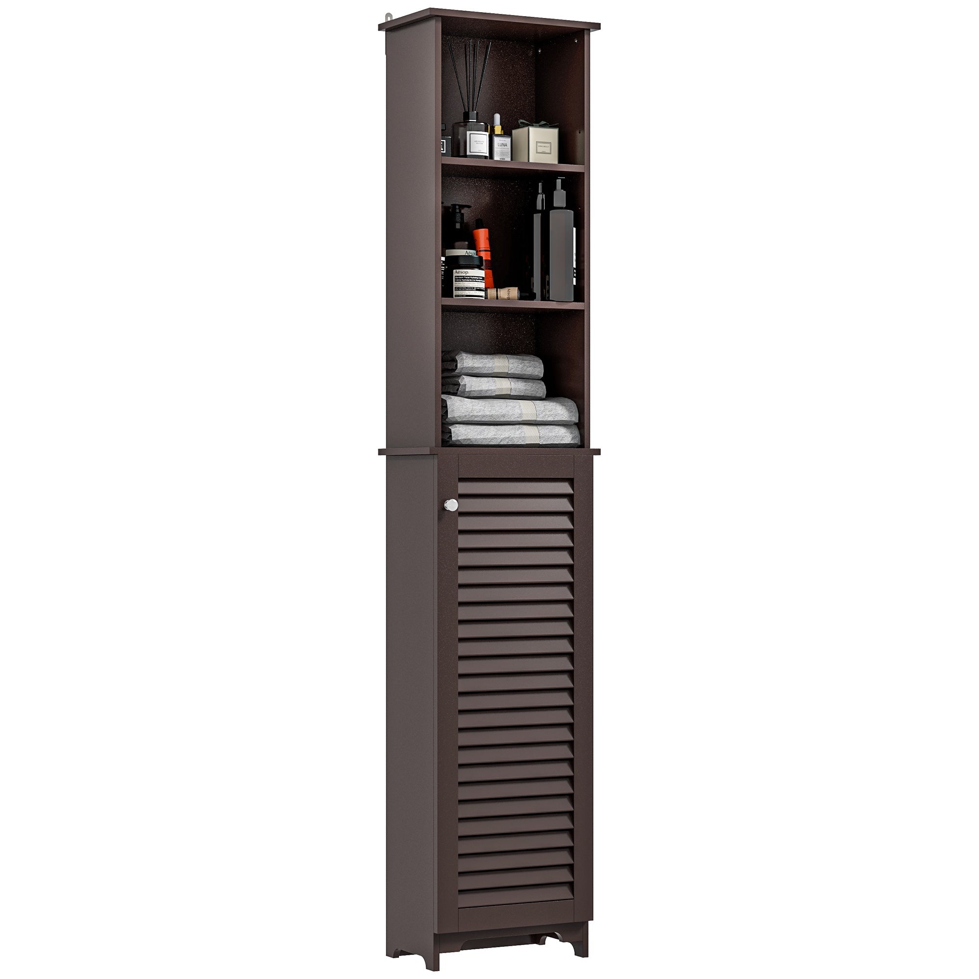 HOMCOM Tall Bathroom Storage Cabinet, Freestanding Linen Tower with 3-Tier Open Adjustable Shelf and Cupboard, Dark Brown