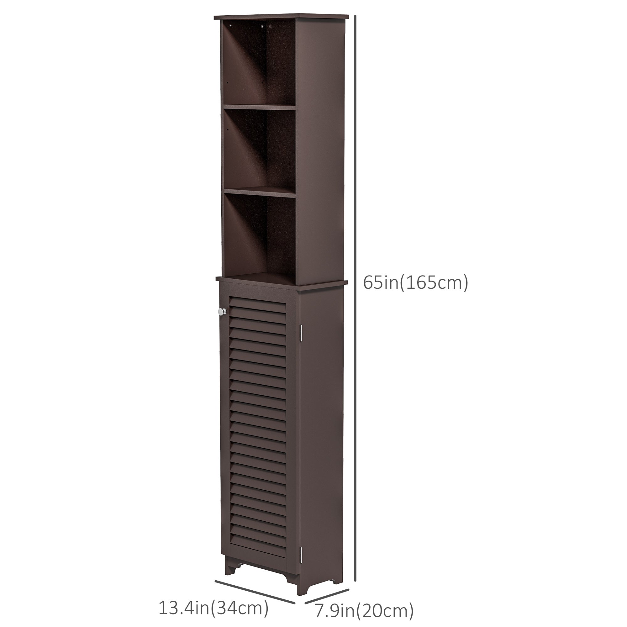 HOMCOM Tall Bathroom Storage Cabinet, Freestanding Linen Tower with 3-Tier Open Adjustable Shelf and Cupboard, Dark Brown