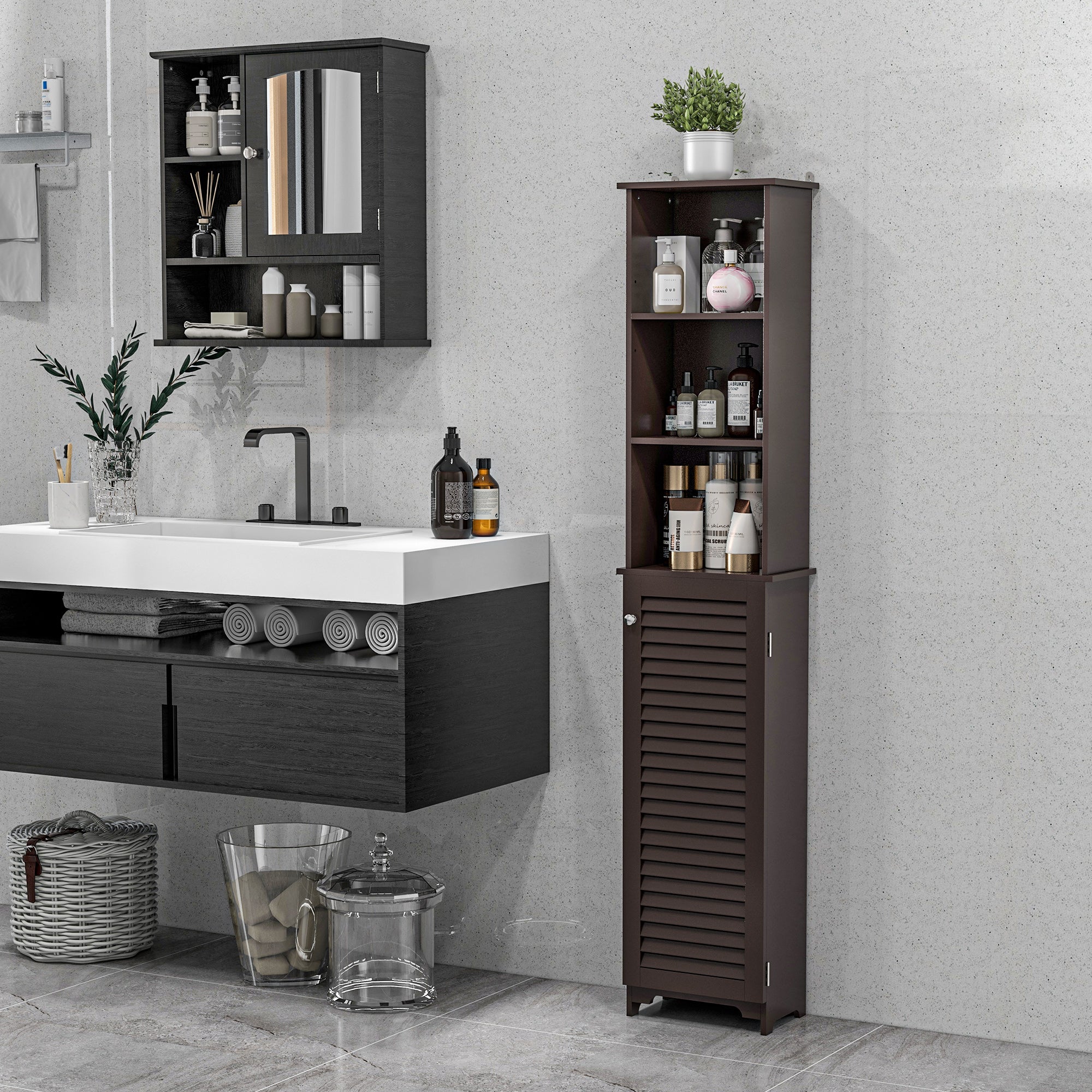 HOMCOM Tall Bathroom Storage Cabinet, Freestanding Linen Tower with 3-Tier Open Adjustable Shelf and Cupboard, Dark Brown