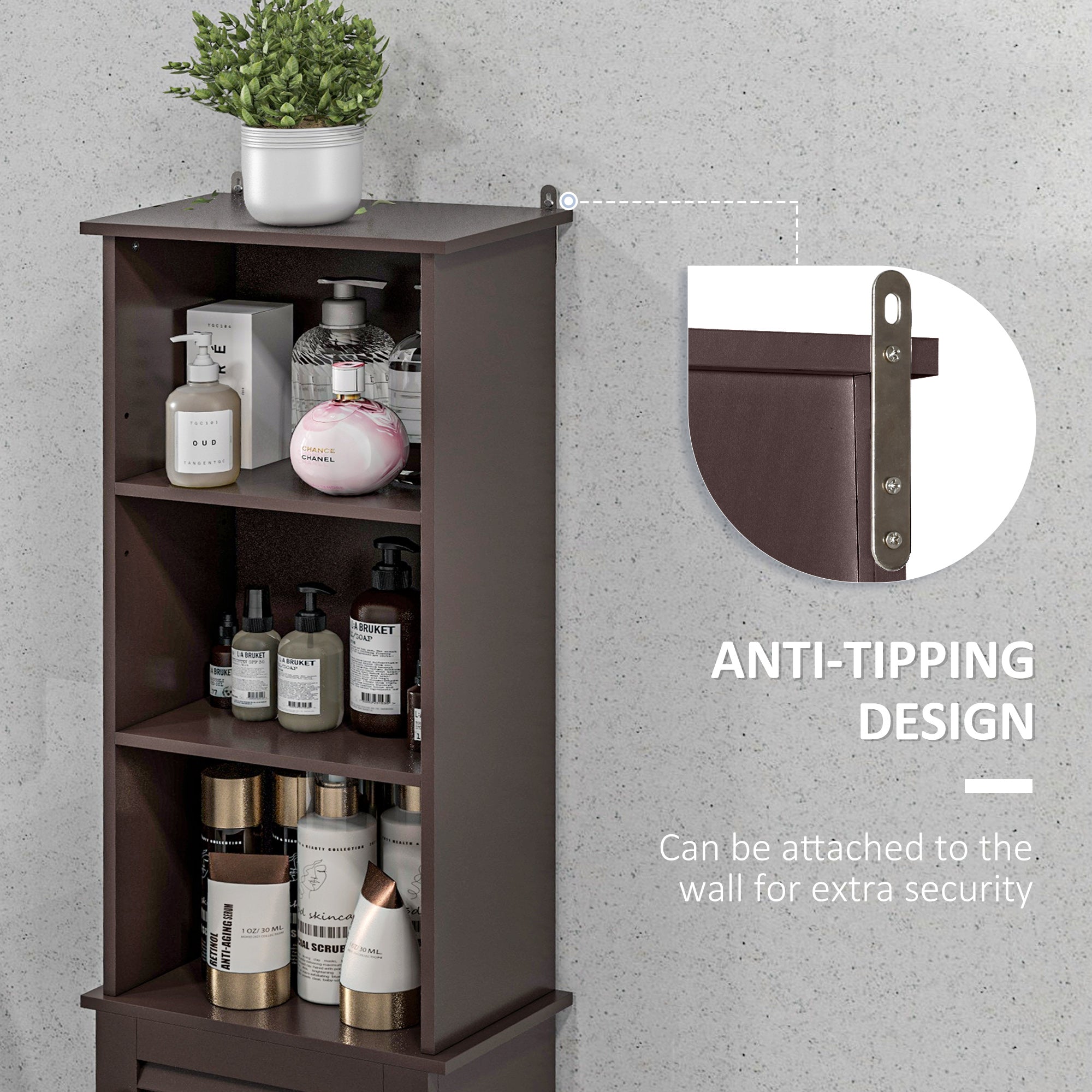 HOMCOM Tall Bathroom Storage Cabinet, Freestanding Linen Tower with 3-Tier Open Adjustable Shelf and Cupboard, Dark Brown