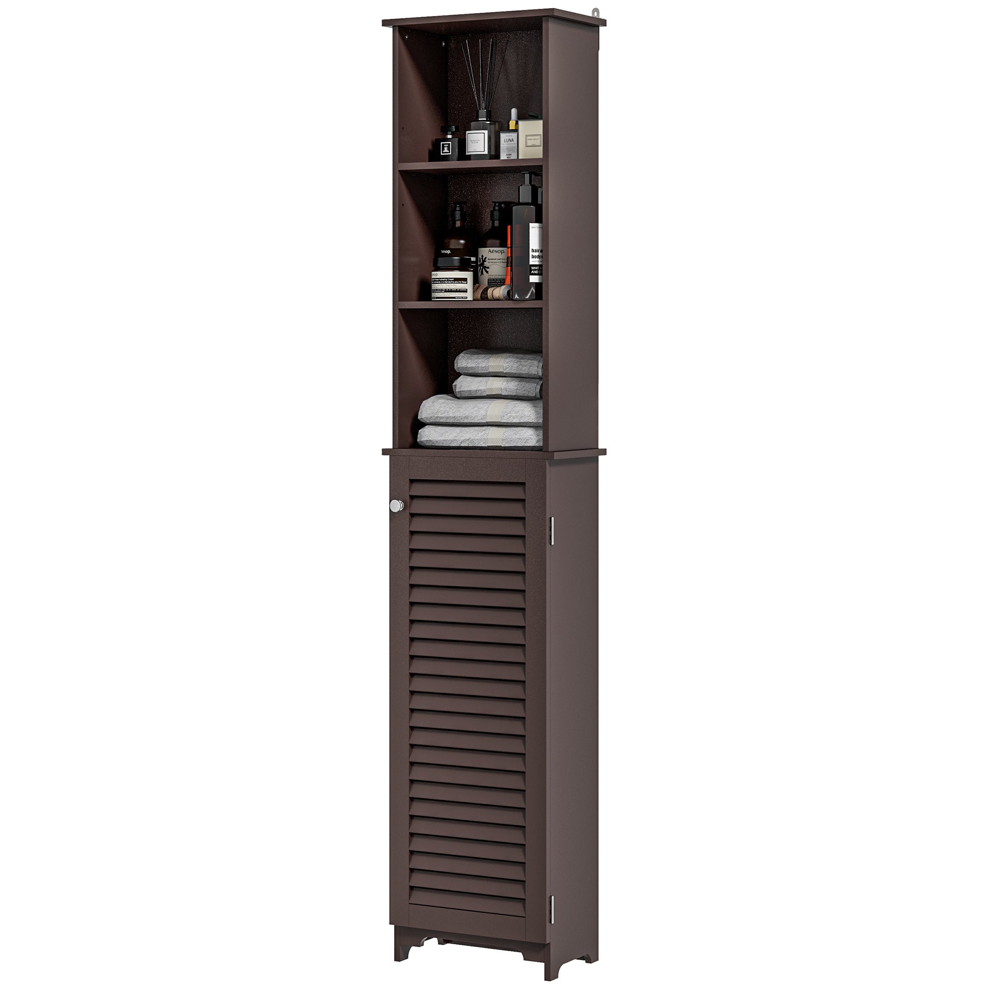 HOMCOM Tall Bathroom Storage Cabinet, Freestanding Linen Tower with 3-Tier Open Adjustable Shelf and Cupboard, Dark Brown