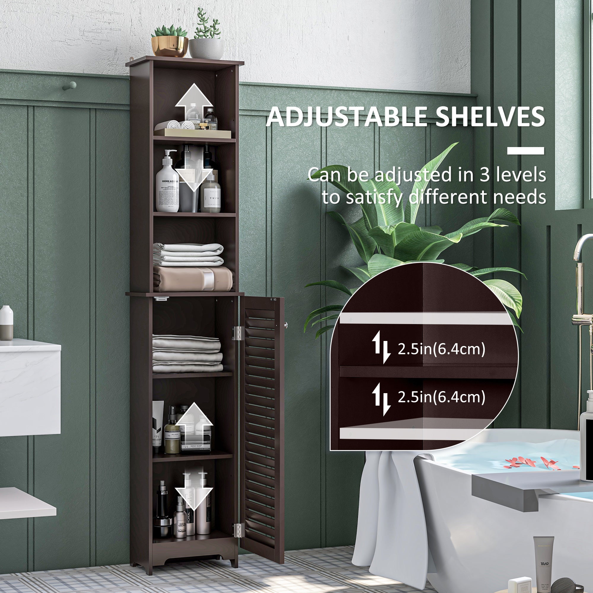 HOMCOM Tall Bathroom Storage Cabinet, Freestanding Linen Tower with 3-Tier Open Adjustable Shelf and Cupboard, Dark Brown