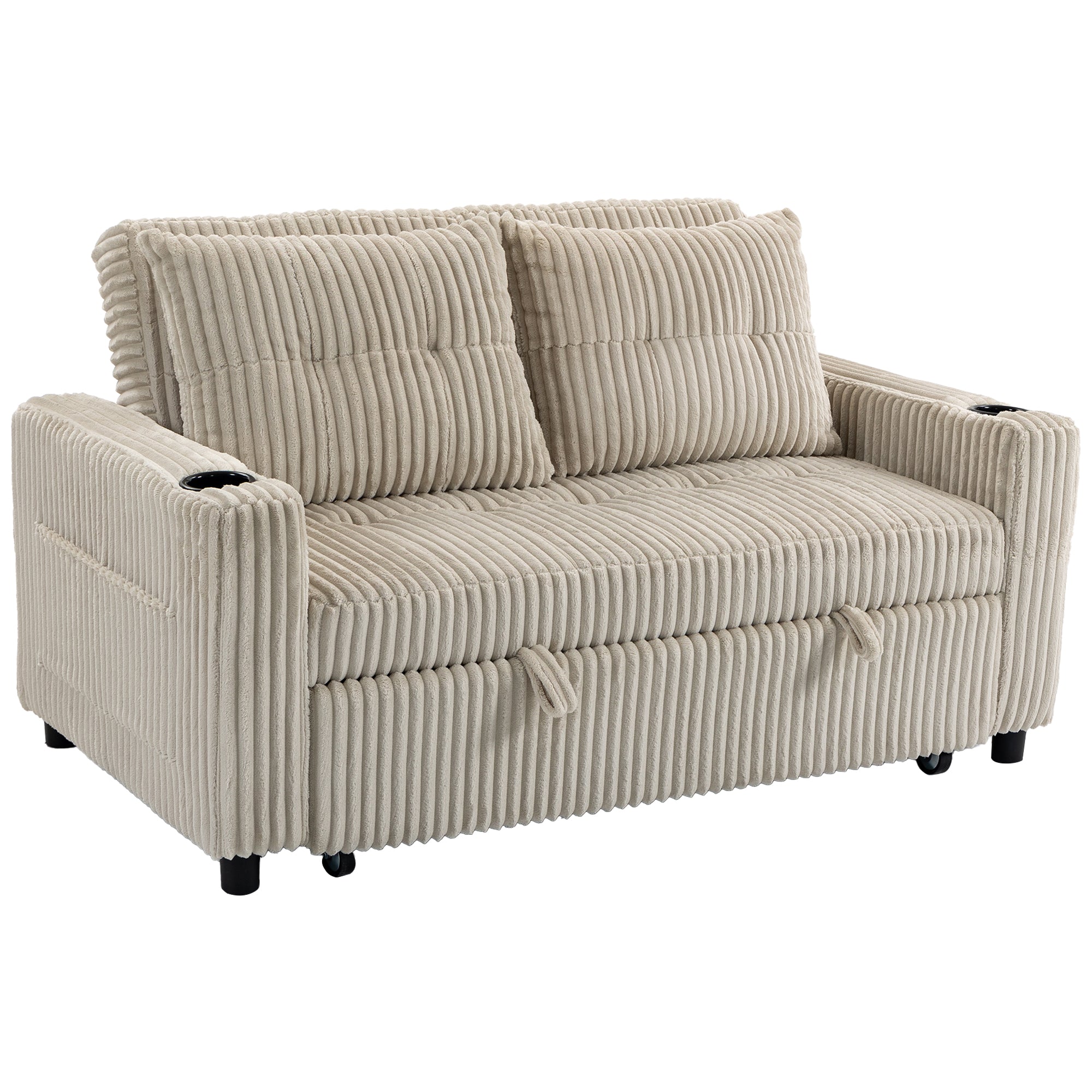 2 Seater Sofa Bed, Corduroy Click Clack Sleeper Sofa with Pull Out Design, 2 Pillows, Cup Holders, Side Pockets, Convertible Loveseat Bed Settee for Living Room, 157x190cm, Cream White