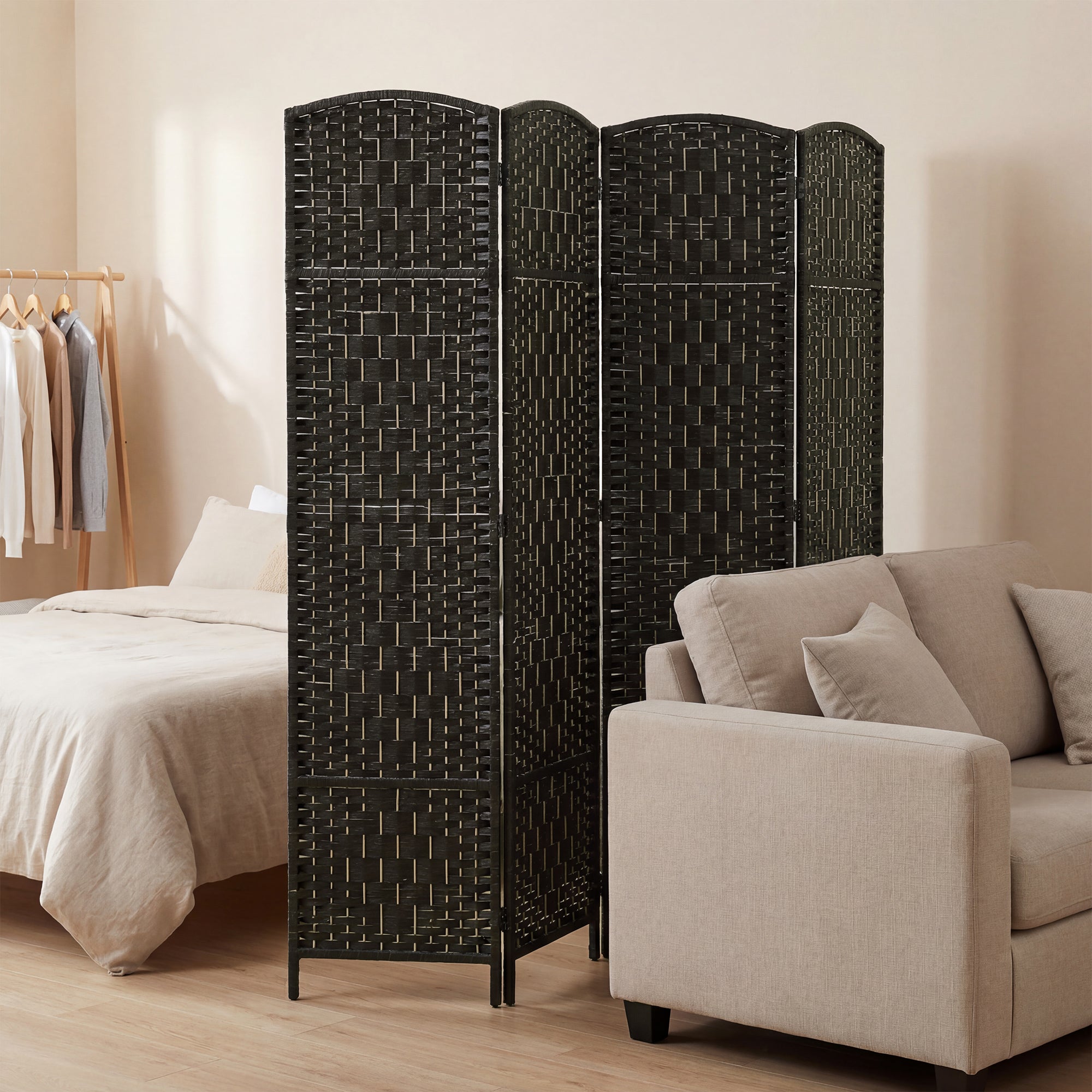 Room Divider, 4 Panel Folding Privacy Screen, 70.9" Tall Portable Wicker Weave Partition Wall Divider for Bedroom, Home Office, Coffee
