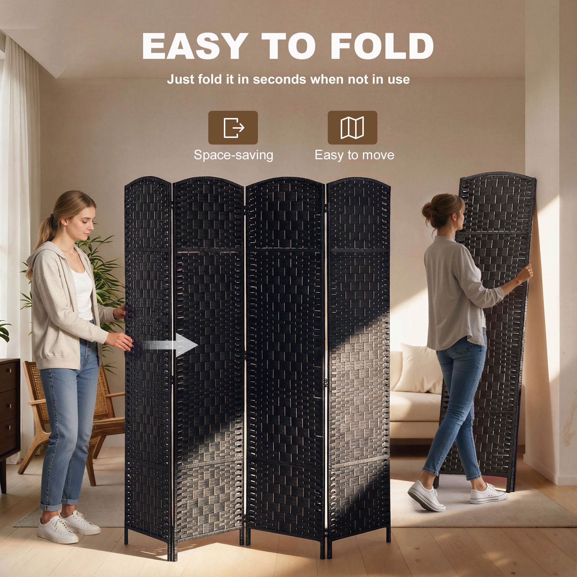 Room Divider, 4 Panel Folding Privacy Screen, 70.9" Tall Portable Wicker Weave Partition Wall Divider for Bedroom, Home Office, Coffee