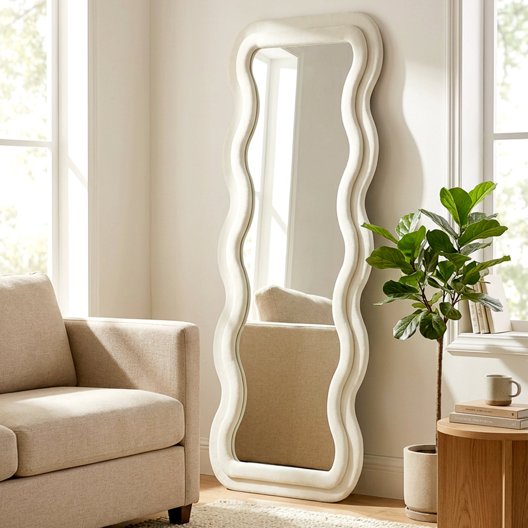 Full Length Mirror, 160 x 60 cm Wavy Large Full Body Standing Mirror with Velvet Frame, HD Tempered Glass, Floor Standing, Wall Hanging or Leaning for Bedroom,  Living Room, Cream White