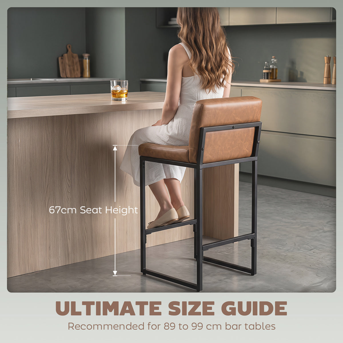 Bar Stools Set of 2, Retro Padded Counter Height Stools with Back and Metal Leg, Vintage PU Leather, Easy-Clean Kitchen Chairs, Brown