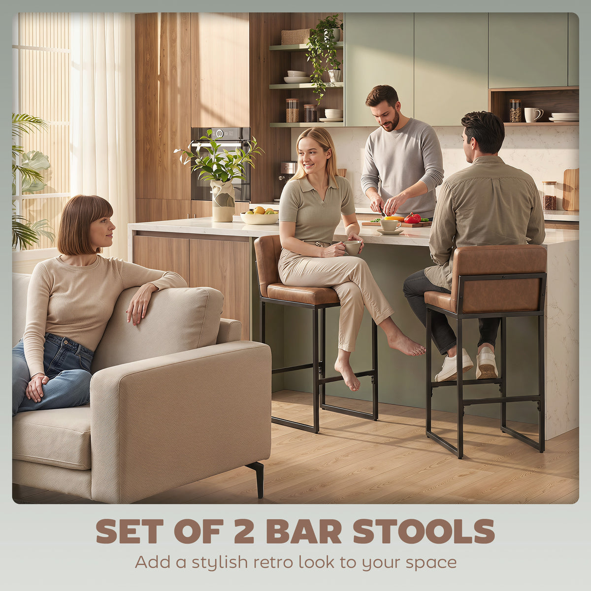 Bar Stools Set of 2, Retro Padded Counter Height Stools with Back and Metal Leg, Vintage PU Leather, Easy-Clean Kitchen Chairs, Brown