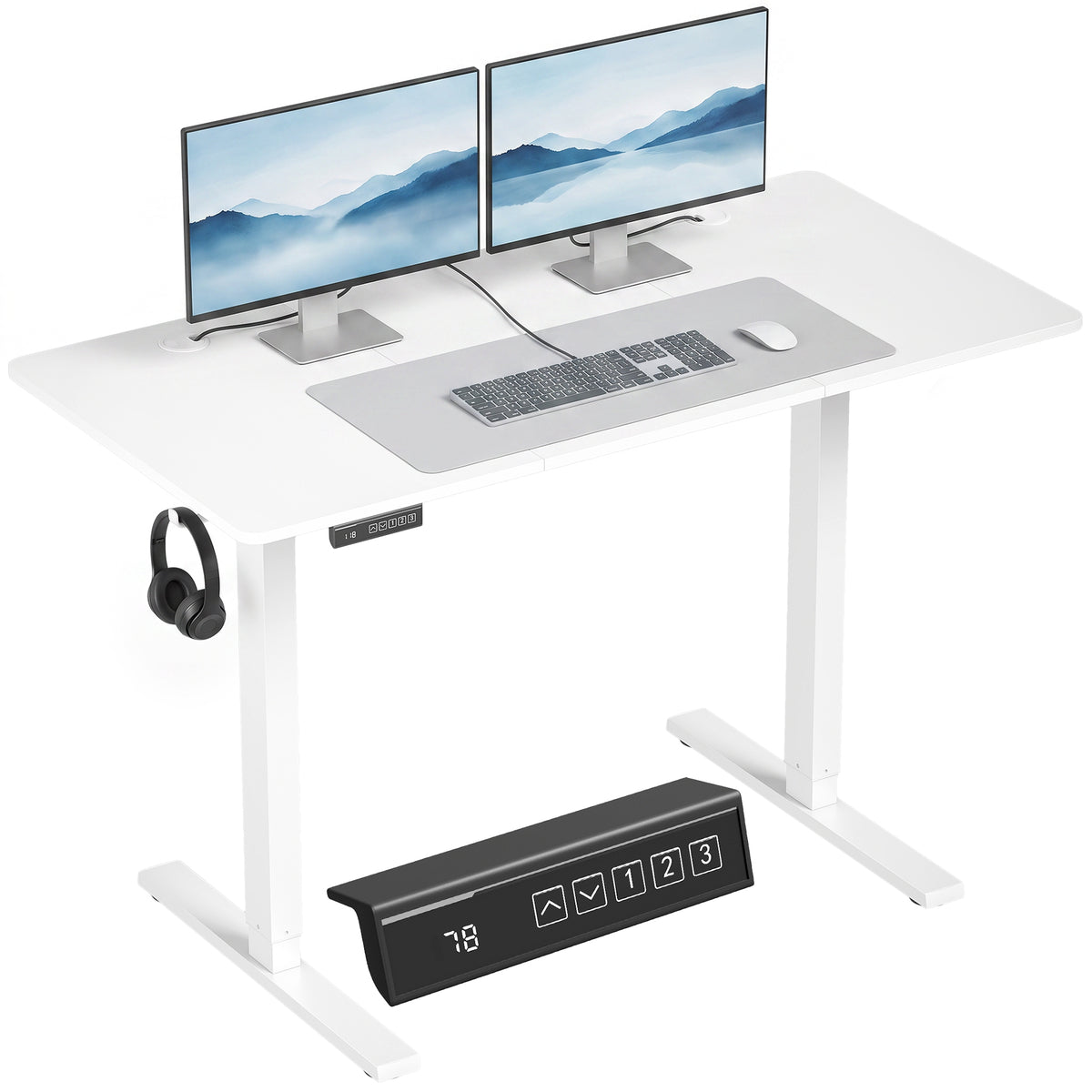 Electric Standing Desk Height Adjustable 120 x 60cm, Sit Stand Desk with 3 Memory Presets, Quiet Home Office Computer Desk with LED Display, Cable Holes & Hooks for Bedroom, Home Office, White