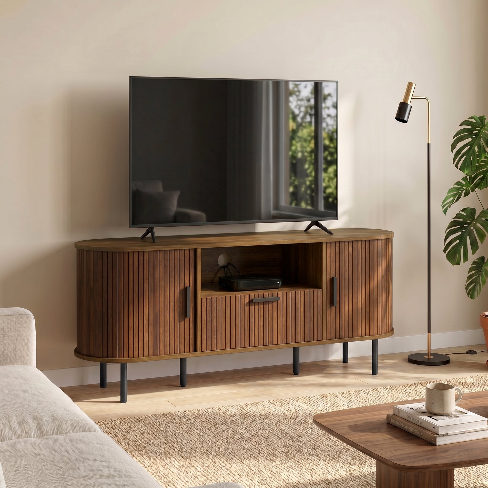TV Stand for TVs up to 60", Modern Entertainment Center with Curved Sliding Doors, Media Console with Drawer, Cabinet and Shelf, Brown