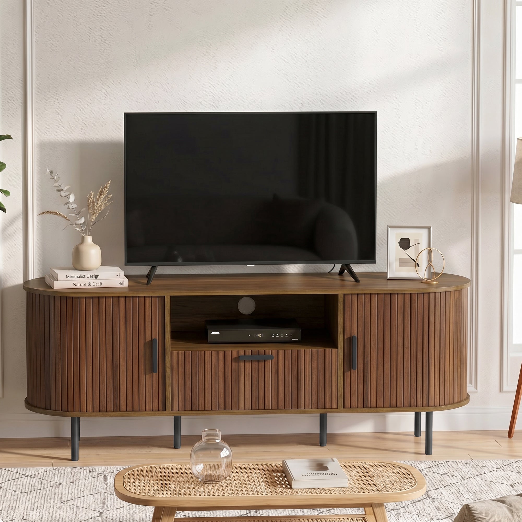 TV Stand for TVs up to 60", Modern Entertainment Center with Curved Sliding Doors, Media Console with Drawer, Cabinet and Shelf, Brown
