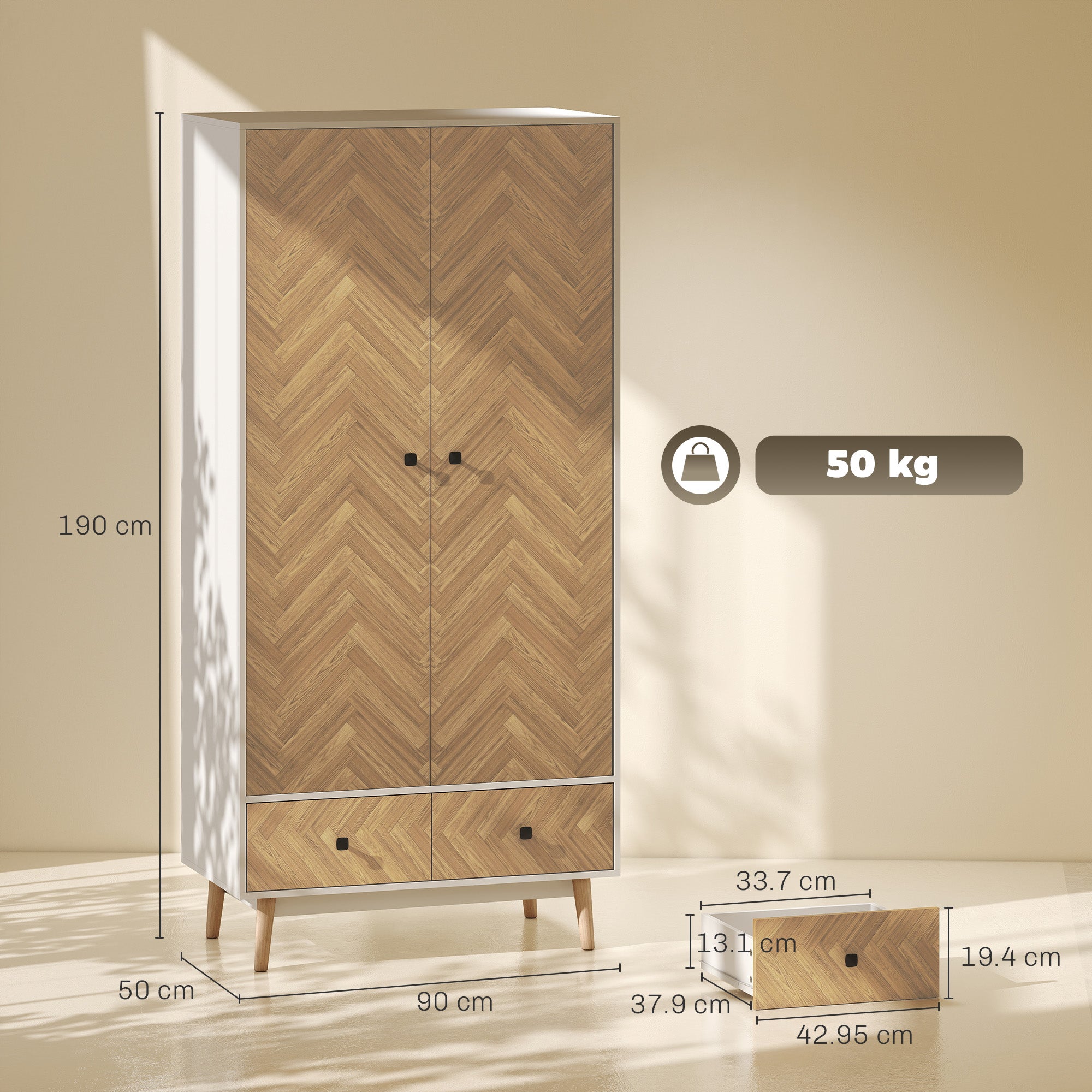 Modern Wardrobe Cabinet Wood-Effect Sticker Surface with 2 Hanging Rods, 2 Storage Shelves and 2 Drawers, 90 x 50 x 190 cm, White and Natural Wood Finish
