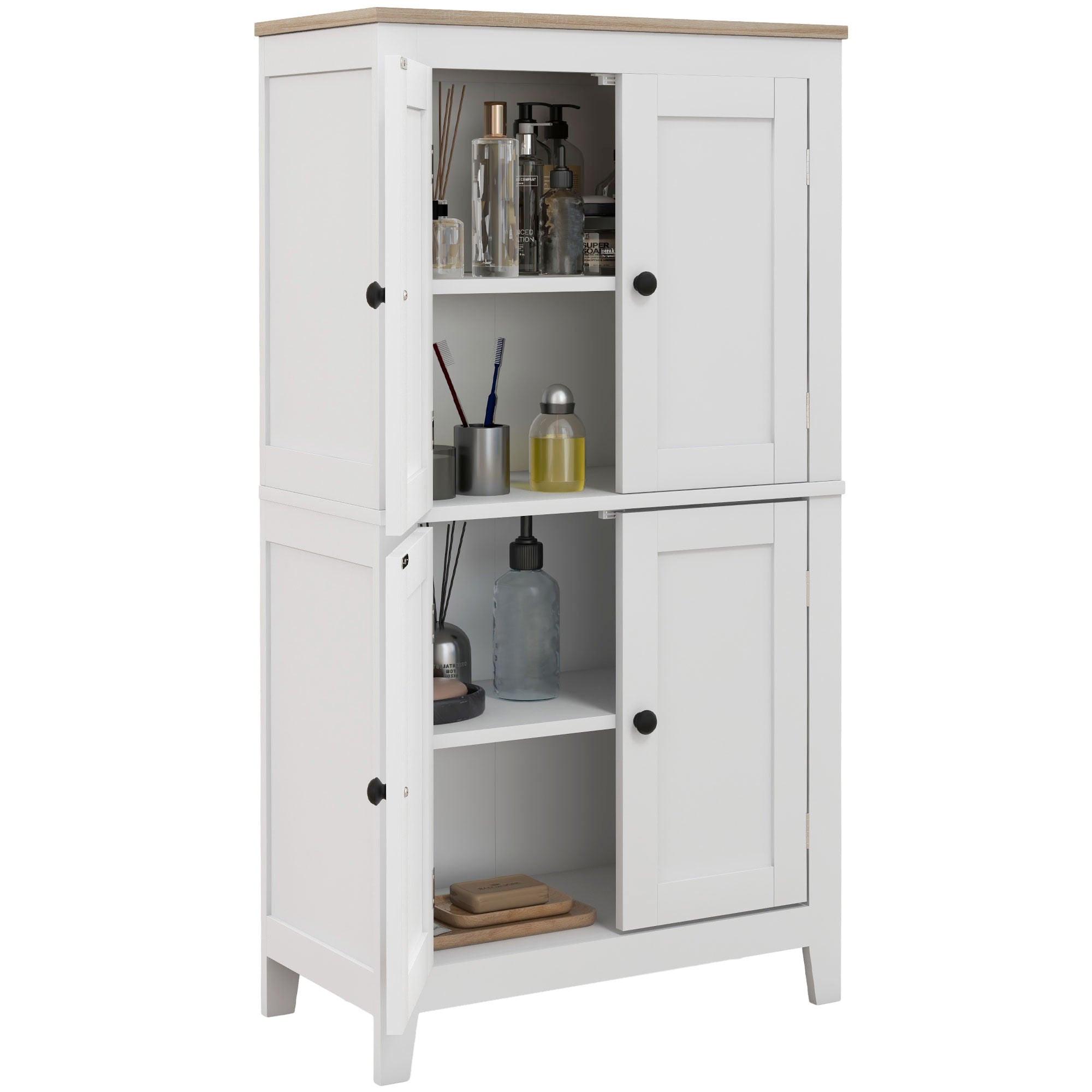 Modern Bathroom Floor Cabinet with 4 Doors and 2 Adjustable Shelves White